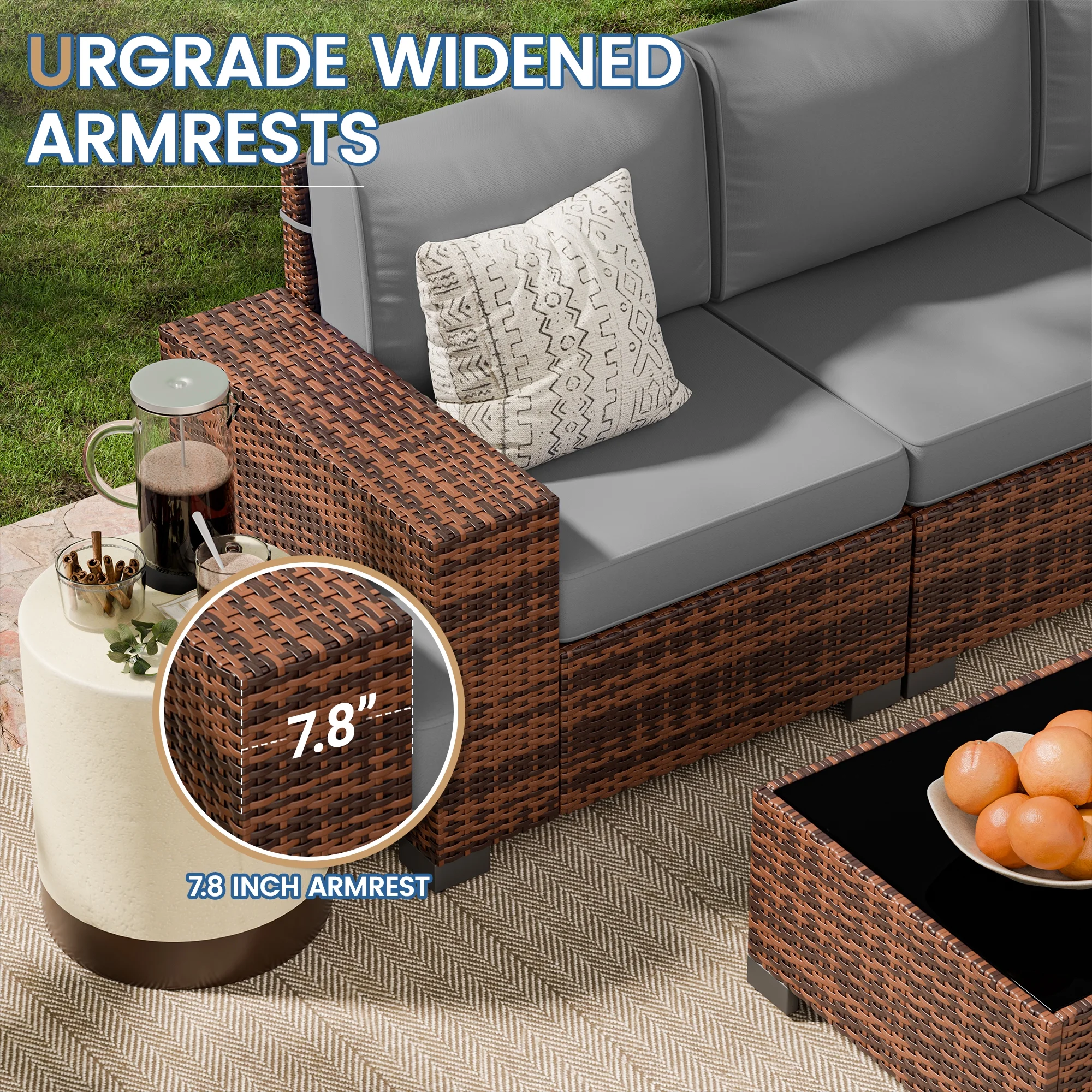 Poteban Patio Furniture Set 6 PCS Outdoor Sectional Conversation Sets Featuring Widen Wicker Armrests and High Back, Black (Waterproof Covers Included)