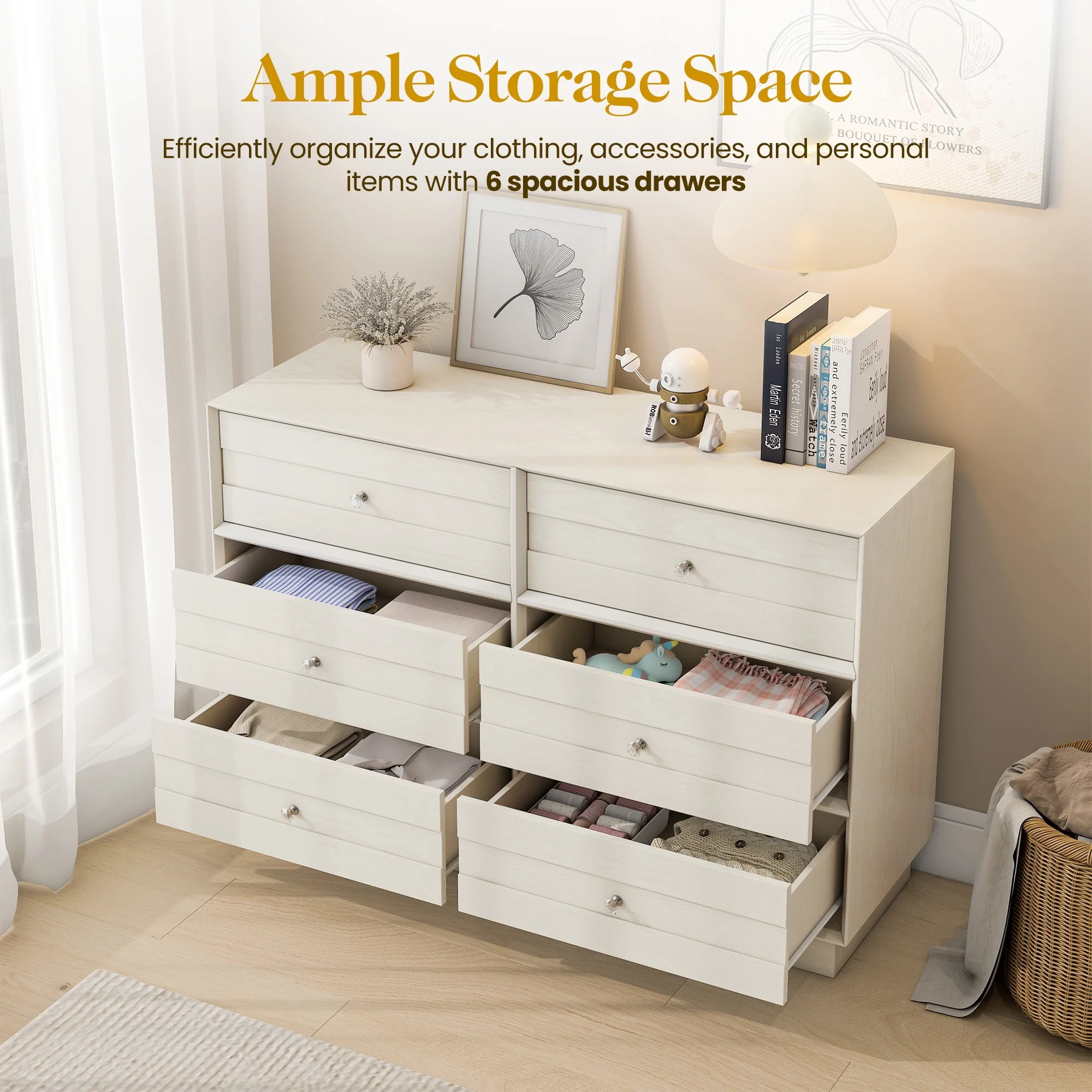 May Color Large White 3 Drawer Dresser Set of 2 with Fluted Panel, Modern Chest of Drawers with Silent Slide Drawers, Wood Accent Nightstand with Storage for Bedroom Living Room, Hallway
