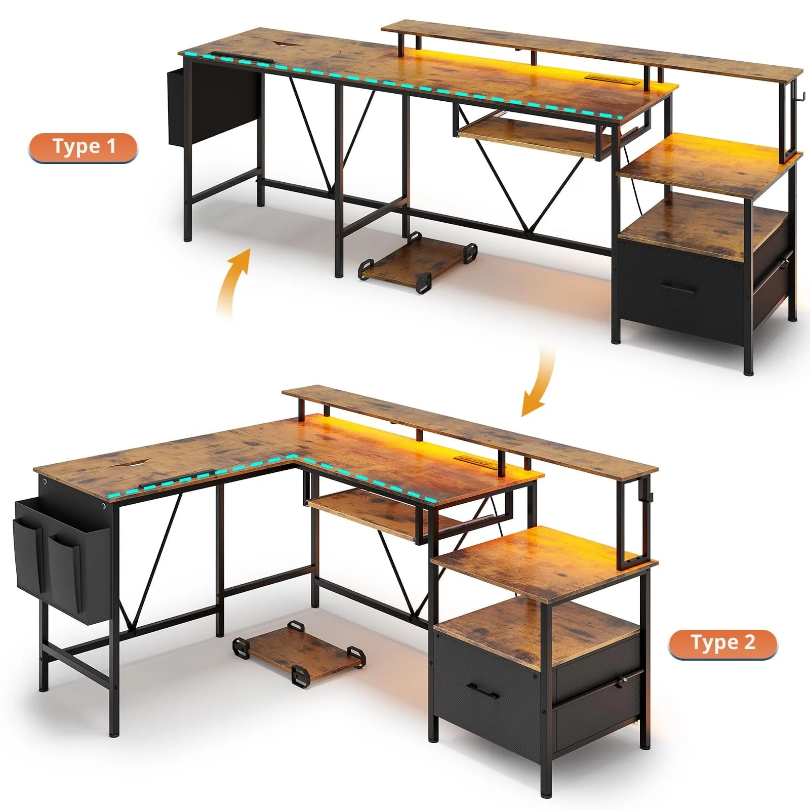 SEDETA L Shaped Gaming Desk, Led Reversible Corner Computer Desk with Power Outlet, Home Office Desk Drawer File Cabinet Keyboard Tray Storage Bag Monitor Stand CPU Stand，Brown