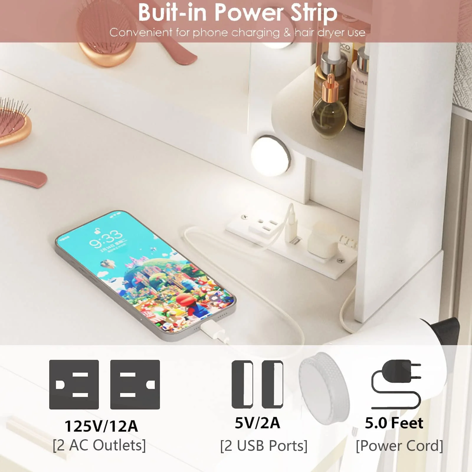 Makeup Vanity with Lighted Mirror & Power Strip, White Vanity Set Vanity Desk with Hair Dryer Holder, Modern Makeup Vanity 3 Lighting Colors, Brightness Adjustable, 35.5in(W)