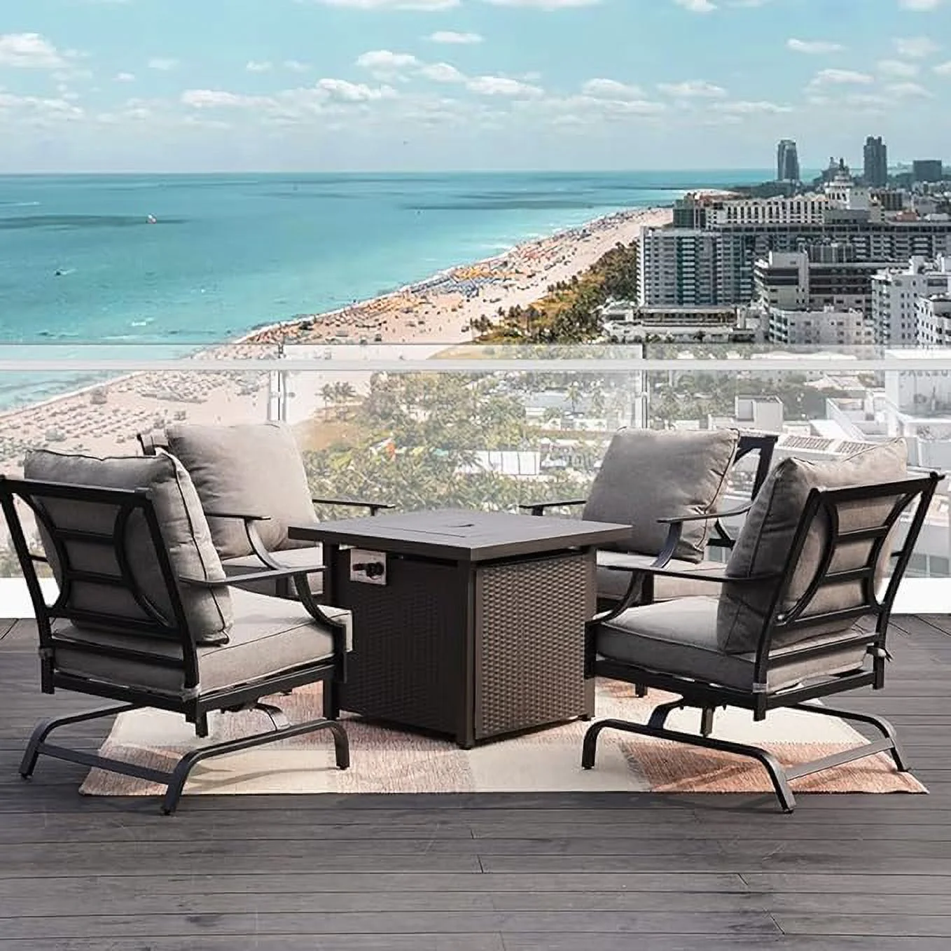 Grand Patio 5-Piece Patio Furniture Conversation Sets with Propane Fire Pit Table Cushioned Rocking Chairs Set of 4, Steel Frame, Gray