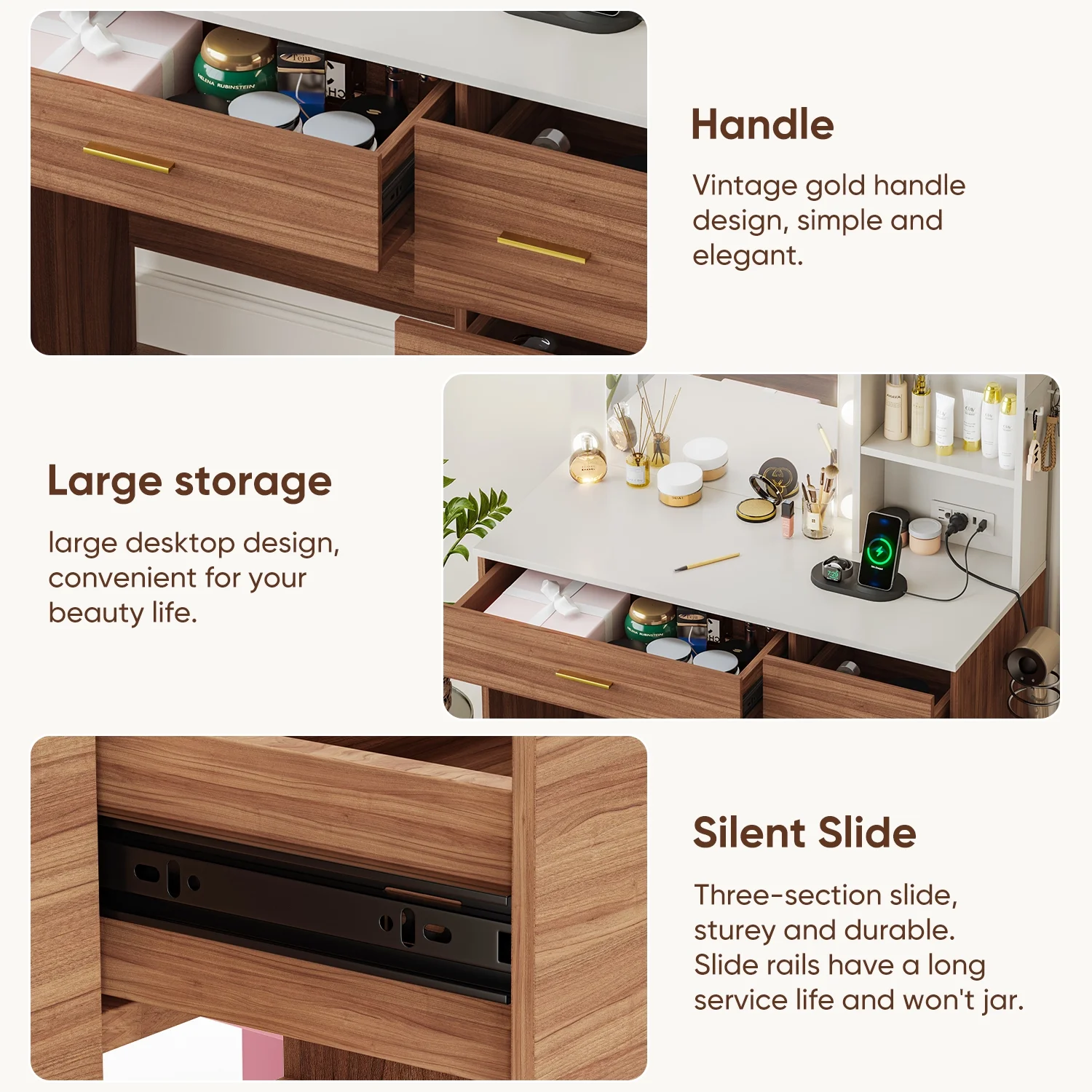 eChamp Makeup Vanity Desk with 3 Color Light & Mirror, Vanity Table with 4 Drawers, Storage Shelf, Power Outlet, Adjustable Brightness Dressing Table, White