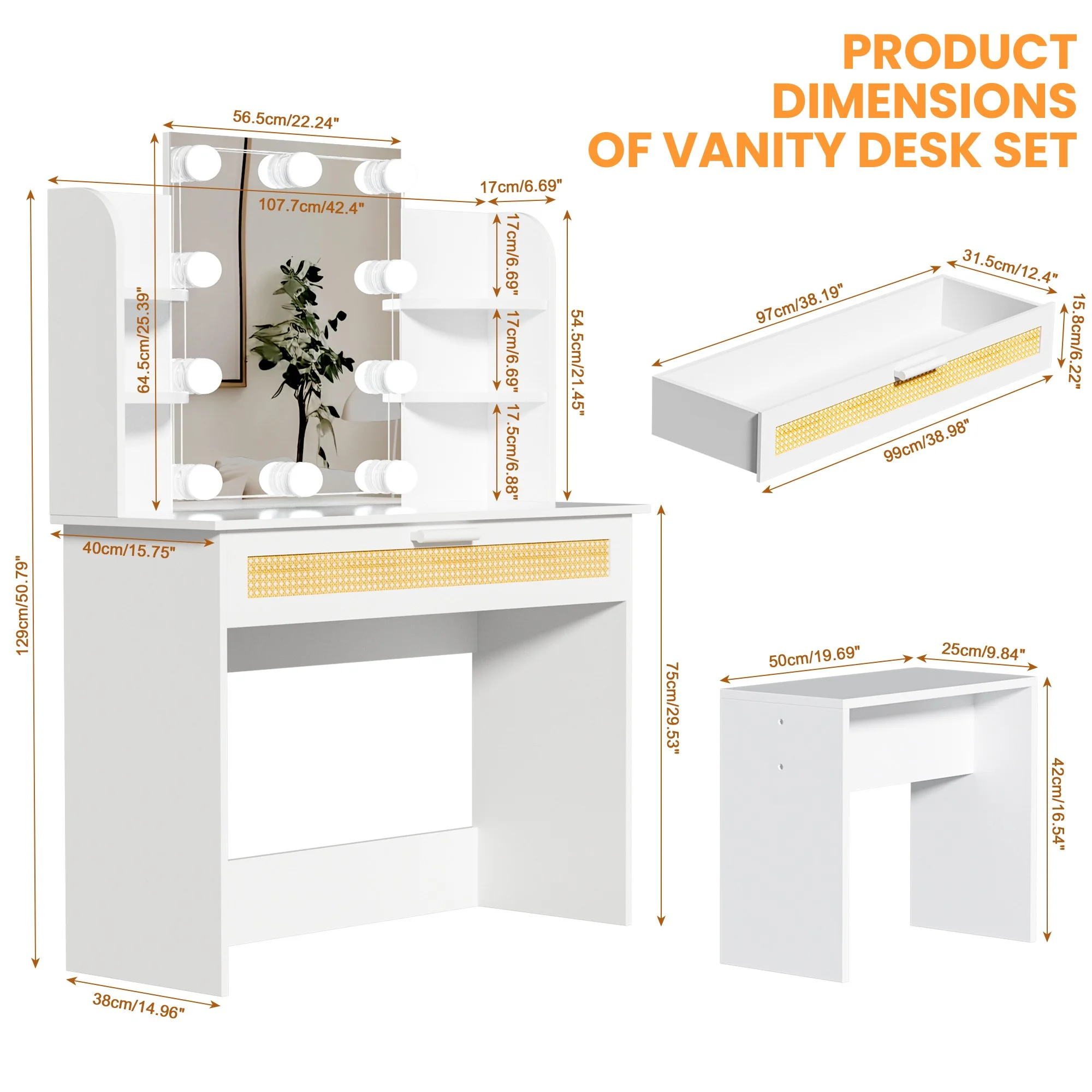 Resenkos Vanity Desk Set with Mirror and Lights for Makeup, 5 Drawers Storage Dresser for Bedroom, White