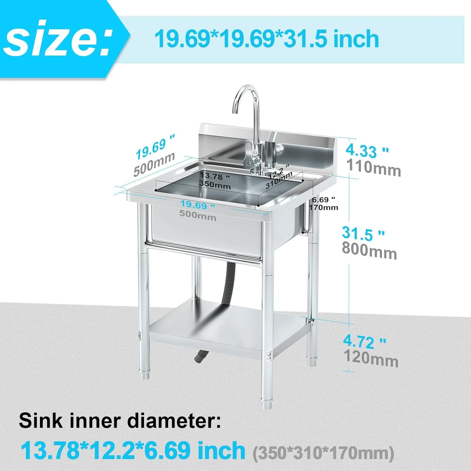 Utility Sink Freestanding Single Bowl Laundry Sink with Shelf board Hot and Cold Water Plumbing Stainless Steel Sink for Restaurant, Laundry Room, Garage, Commercial Kitchen