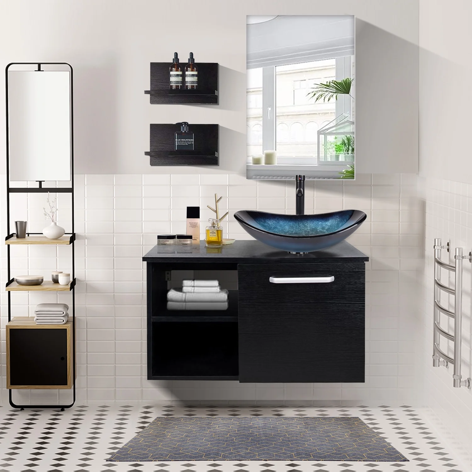 PULUOMIS Vessel Sink and Faucet Combo Bath Sinks with Mounting Ring and Pop Up Drain Round Bowl Basin Brown