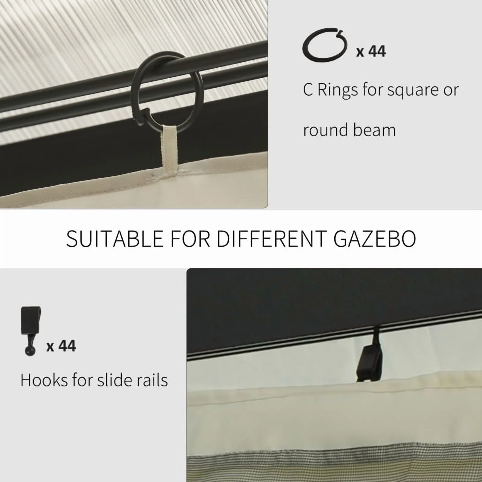 Outsunny 10' x 12' Gazebo Sidewall Set with 4 Panels, Hooks/C-Rings Included for Pergolas & Cabanas, Beige On-Site