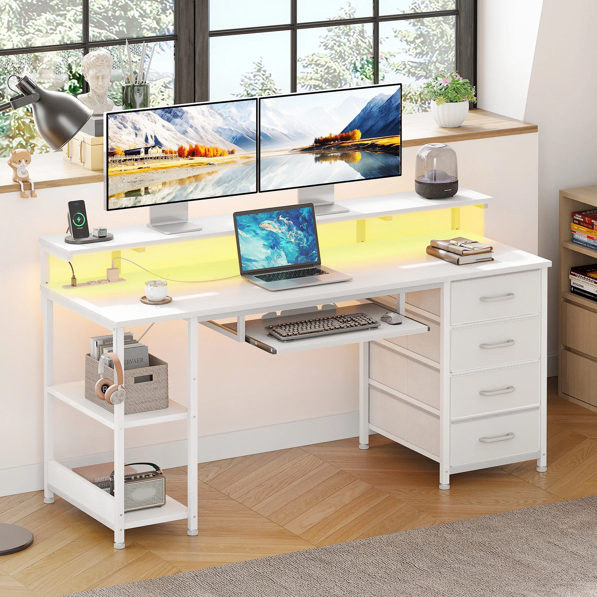 55 inch Office Desk with Power Outlet and Adjustable Monitor Stand, Computer Desk with Fabric Drawer and Keyboard Tray, Gaming Desk with LED Light & PC Stand, Vintage