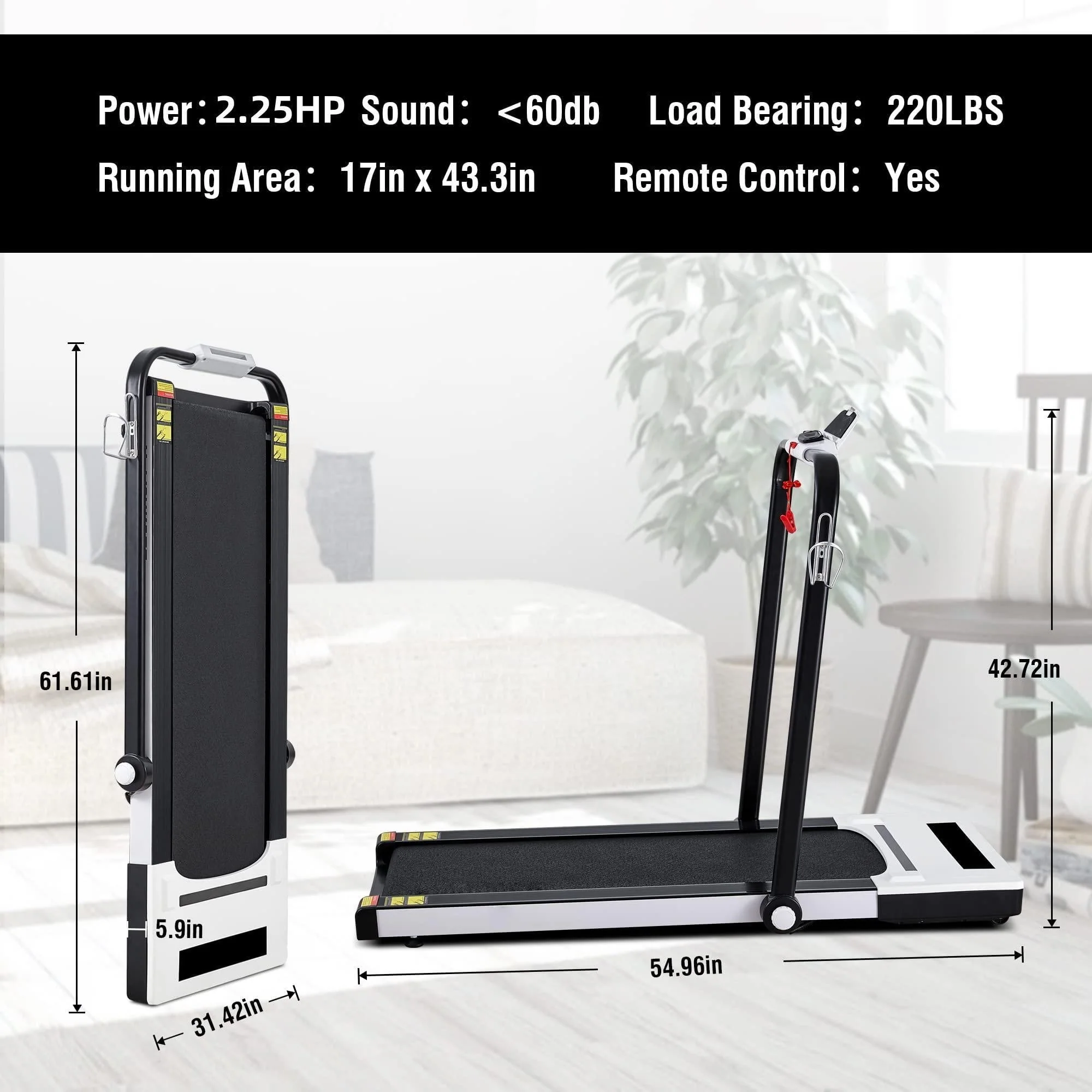 MaxKare 2 in 1 Folding Treadmill 2.25 HP Under Desk Treadmill for Home, 0.5-7.5MHP Remote Control 220lbs Weight Capacity