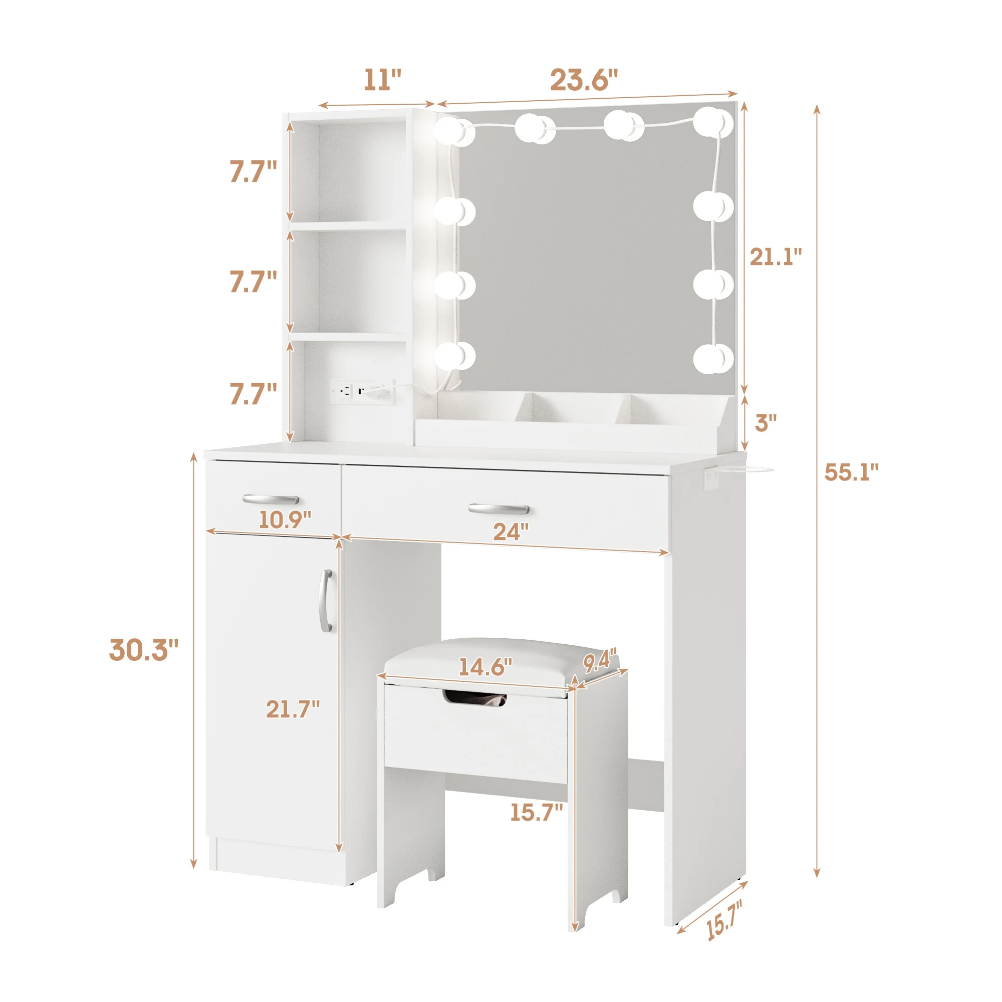Veanerwood Makeup Vanity Desk with Lighted Mirror & Power Strip, Girls Dressing Table with Storage Shelves, White