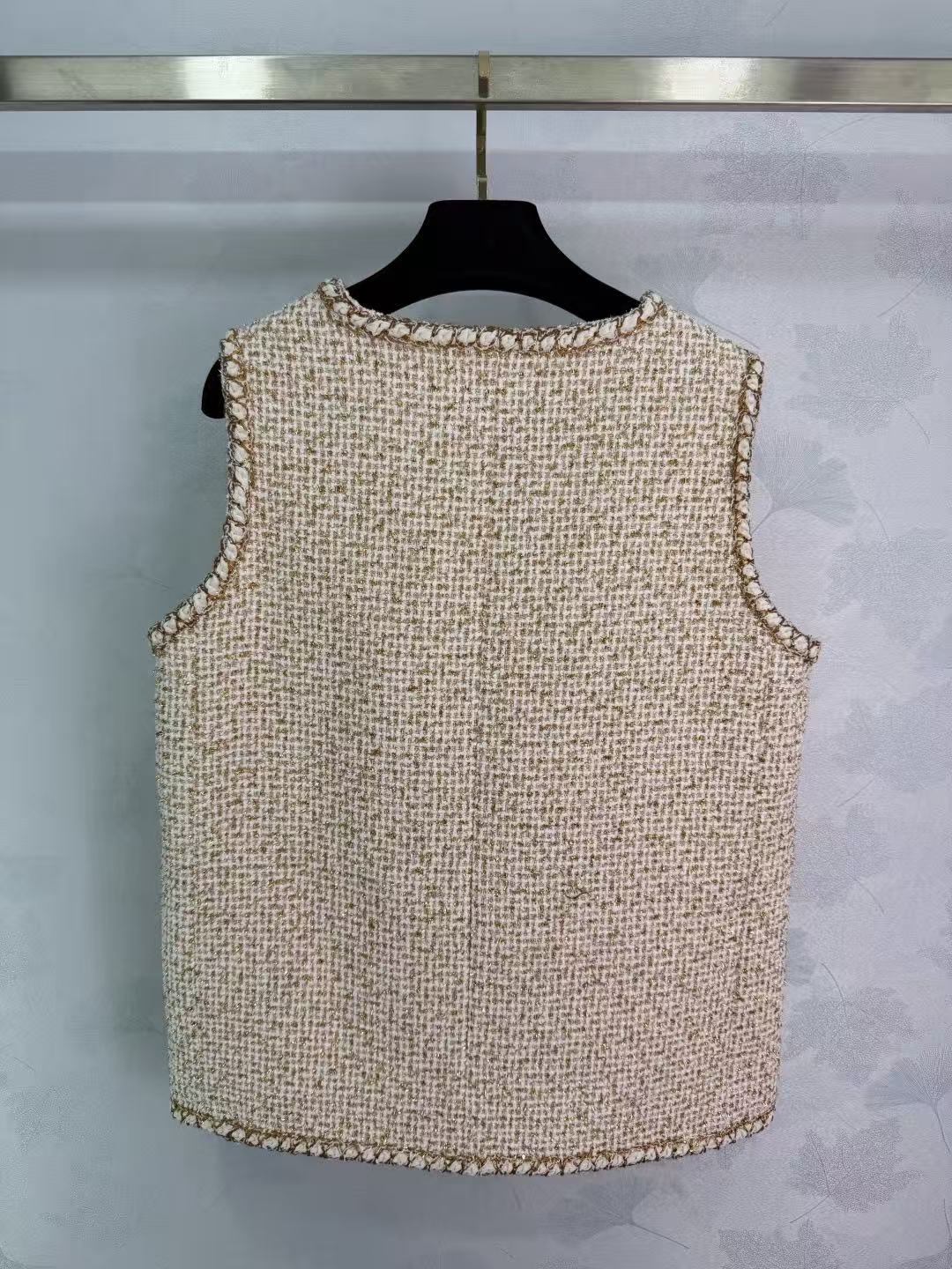 Bound-edge vest, custom-made from coarse wool fabric.