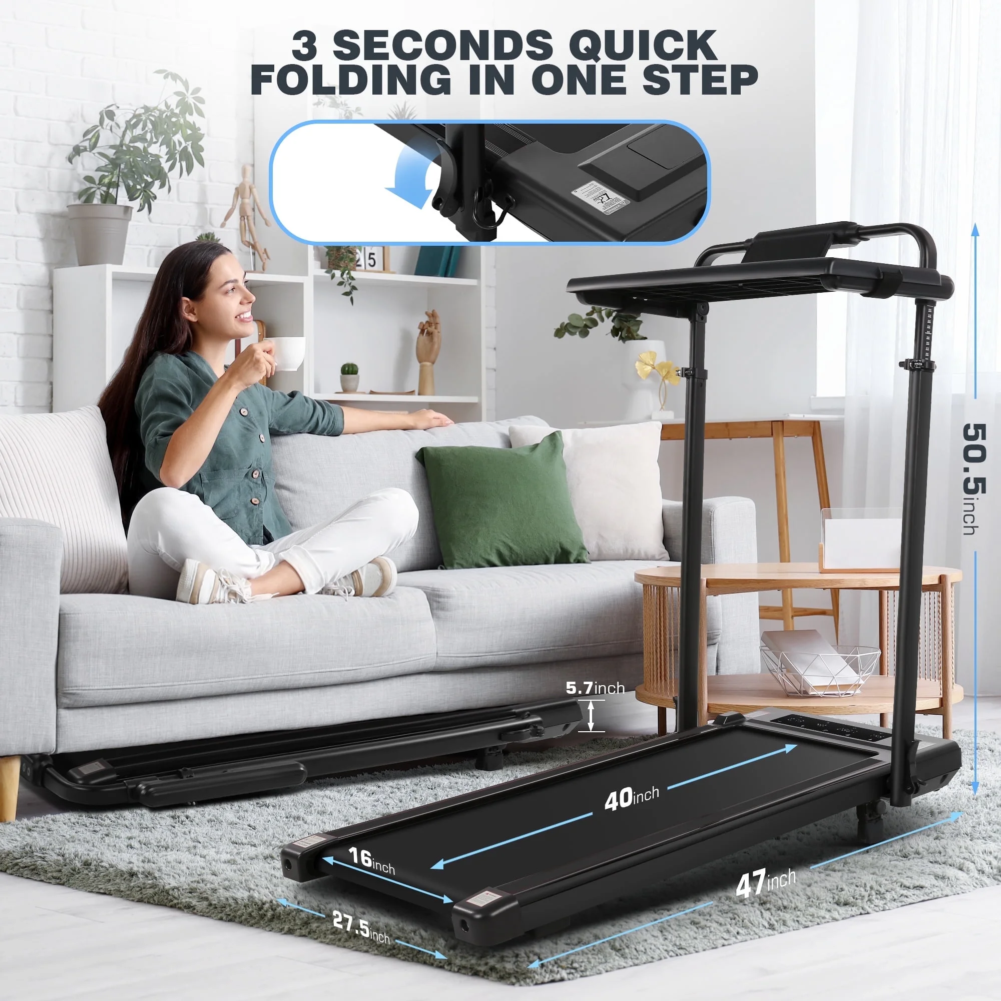 Simpfree 3 in 1 Under Desk Treadmill with Removable Desk, Walking Pad with Height Adjustable Armrests, LED Touch Screen, Remote Control, 0.5-7.5 mph