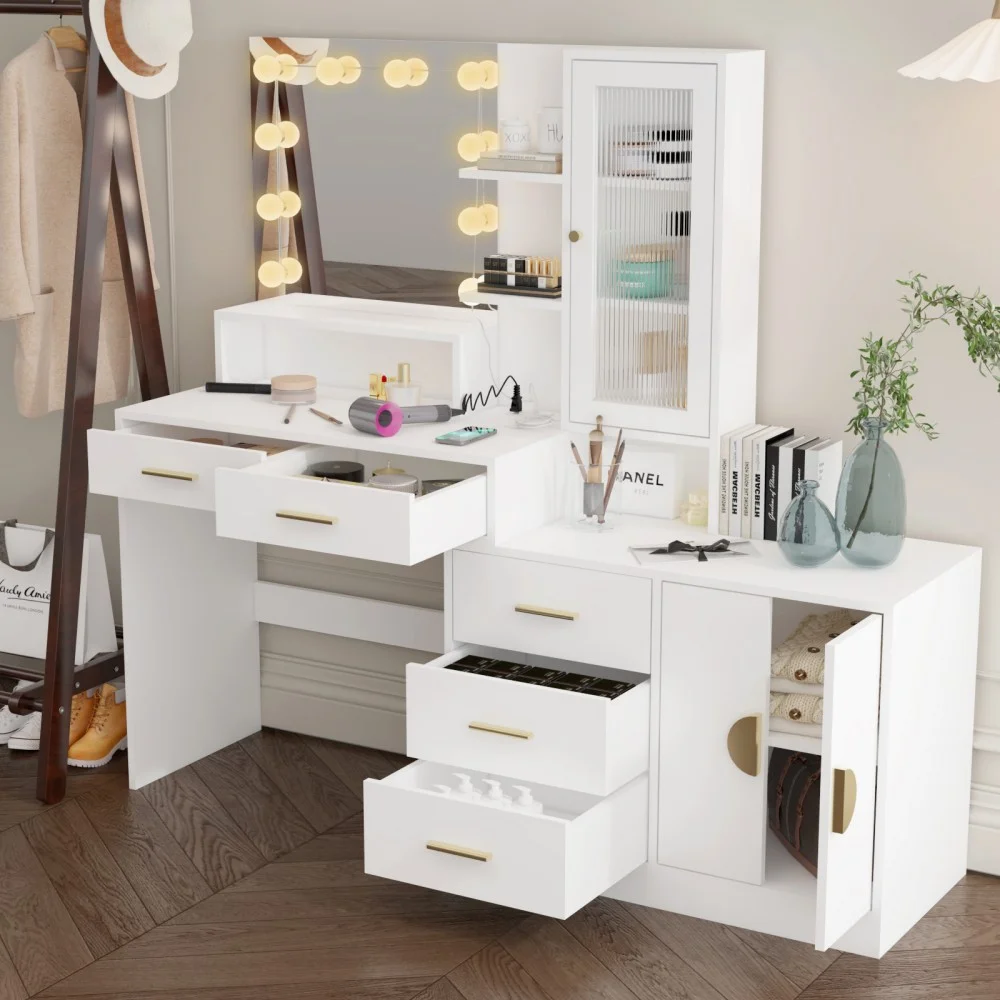 IVV Vanity Desk with Lighted Mirror and Charging Station, Makeup Dressing Table with 5 Drawers and Storage Cabinet, 10 LED Bulbs, 3-Color Lighting Modes, Brightness Adjustable, Black