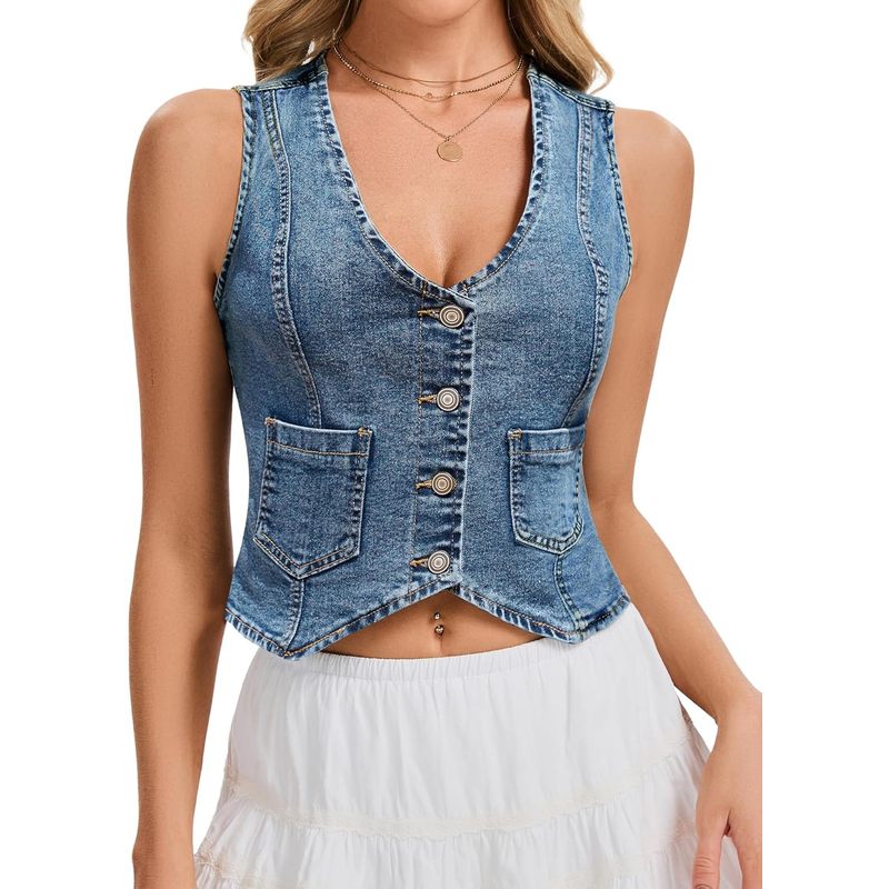 Denim Vest Sleeveless Jean Vest Top for Women V Neck Button Down Cropped Denim Top