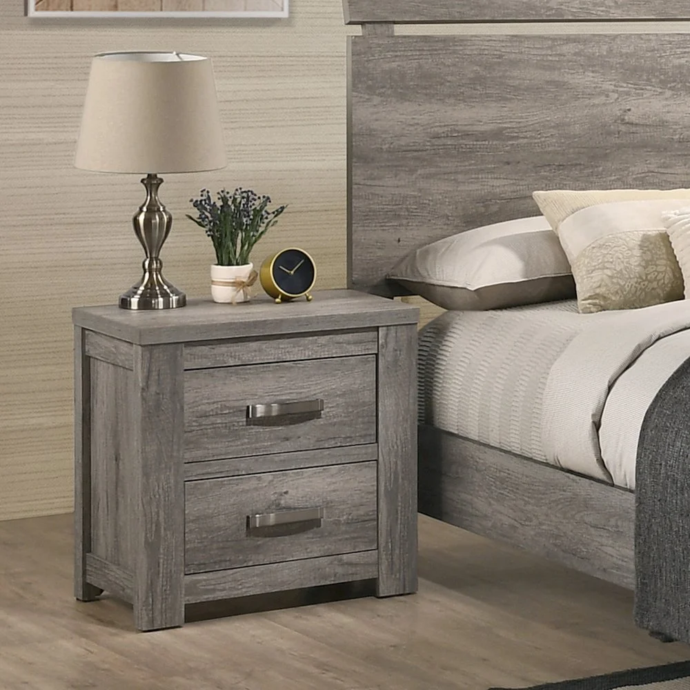 Roundhill Furniture living room Floren Contemporary Weathered Gray Wood Bedroom Set, King Panel Bed, Dresser, Mirror, Two Nightstands, Chest