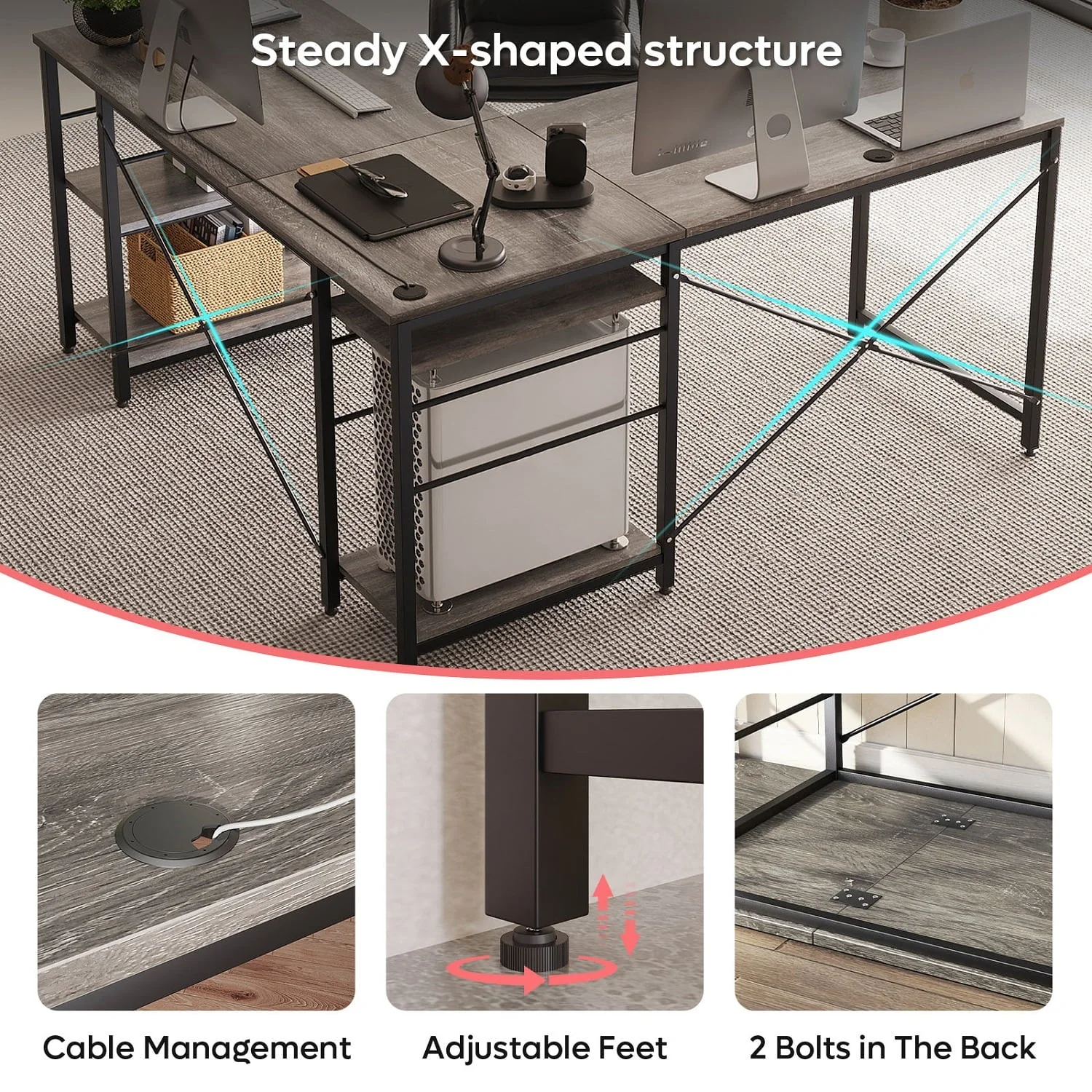 Bestier 95.5 inches L-Shaped Corner Computer Desk with Shelves Long Table in Grey