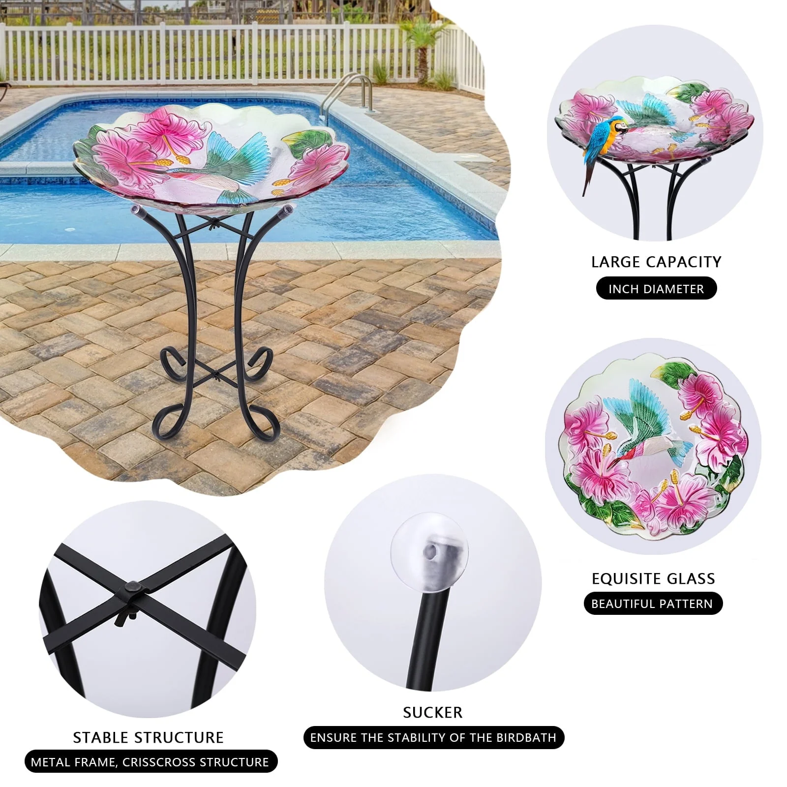 Glass Bird bath with Metal Stand for Garden, Bird Feeder 18 inch Bowl Pink Bird Bath Yard Lawn Decor