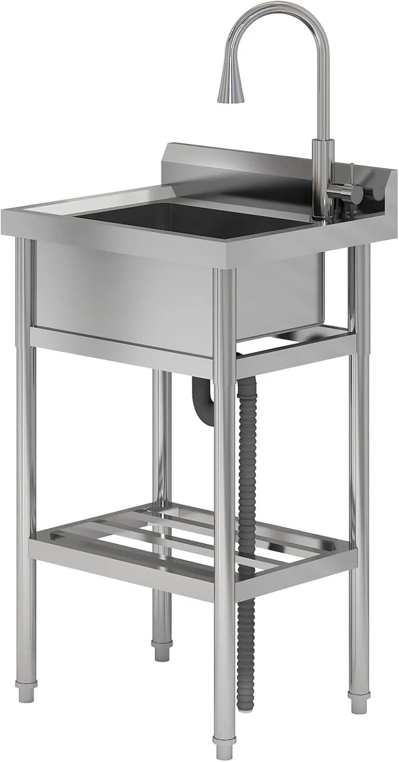 TROPOW 24x20x42 Inch Stainless Steel Utility Sink, Freestanding Single Bowl with Cold and Hot Water Hose and Faucet, Commercial Sink Kitchen Sink for Restaurant Laundry Room Bathroom Garage Garden