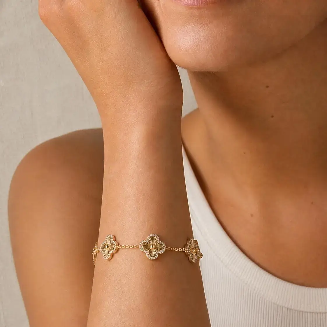 14K Gold Plated Clover Bracelet for Women - Lucky Charm Four Leaf Clover Bracelet Station with Cubic Zirconia - Hypoallergenic Trendy Fashion Stackable Clover Jewelry