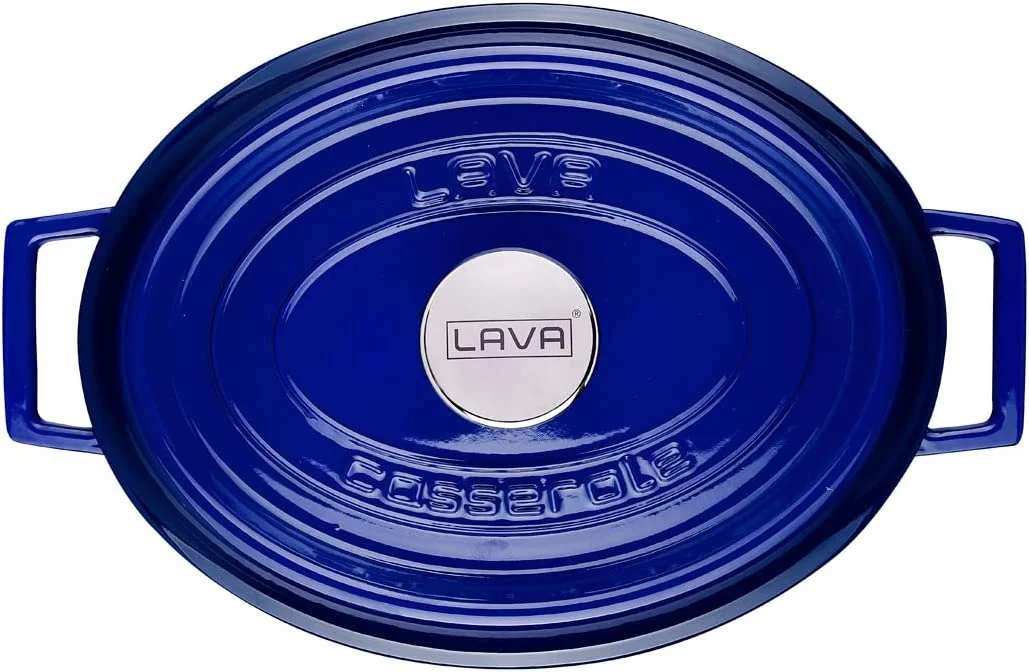 LAVA 6.75 Quarts Cast Iron Dutch Oven: Multipurpose Stylish Oval Shape Dutch Oven Pot with Three Layers of Enamel Coated with Trendy Lid (Blue)