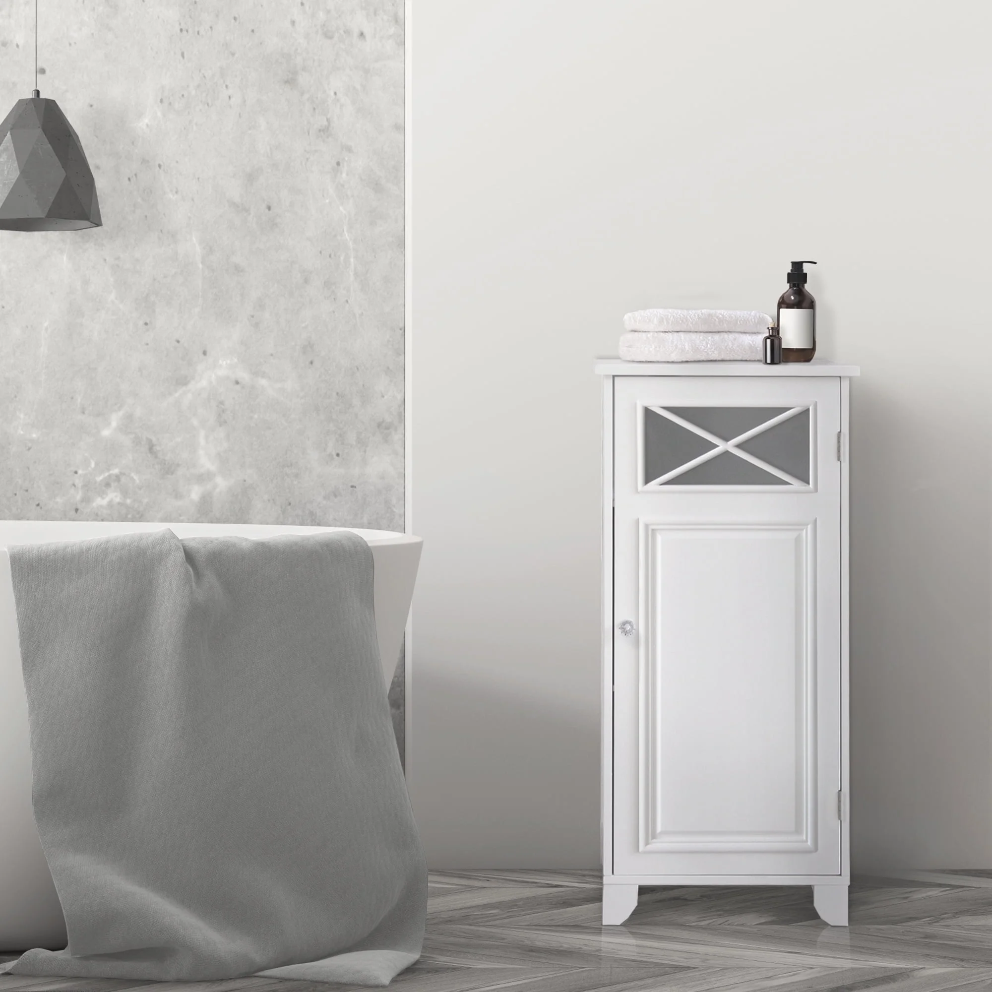 Teamson Home Dawson Freestanding Floor Storage Accent Cabinet with Decorative Glass Panel, White