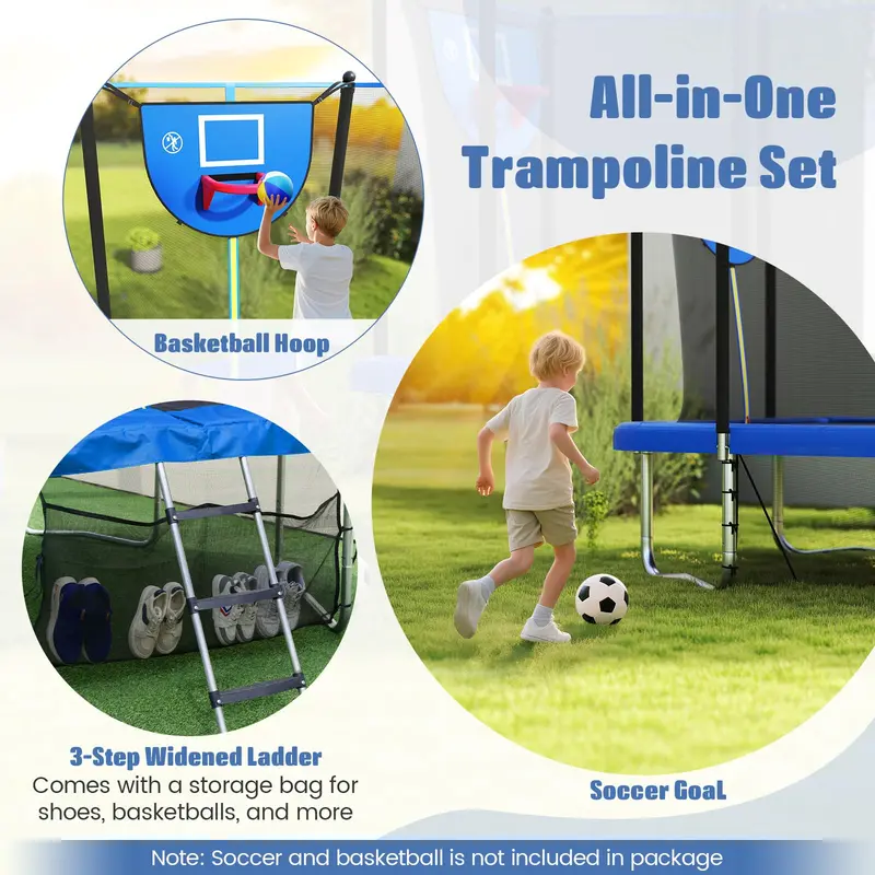 10 x 8 Foot Heavy-Duty Toddler Trampoline with Integrated Basketball Hoop. Soccer Goal. and Non-Slip Ladder
