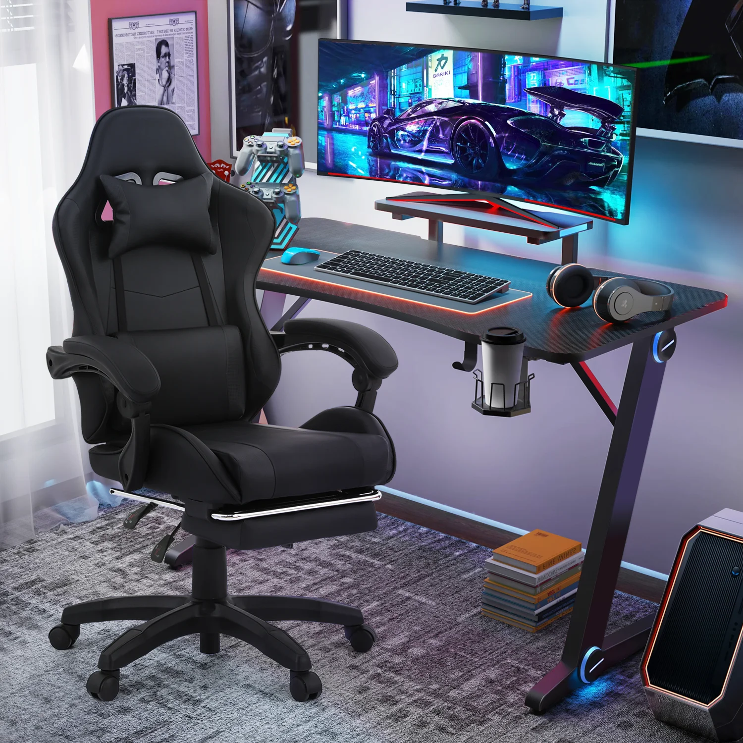 Magshion Adjustable Gaming Chair, Ergonomic PC Computer Seat with Headrest and Lumbar Support for Adults Teens Desk Chair, Black