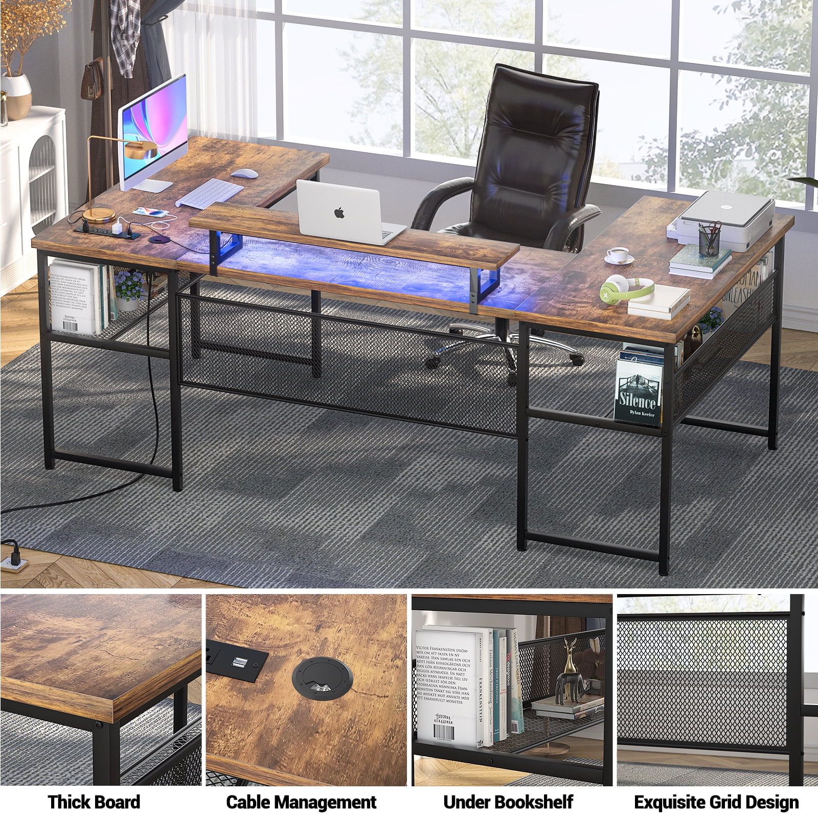Homieasy U Shaped Desk with Power Outlet and LED Strips, 129.9'' Ergonomic L-Shaped Gaming Desk with Monitor Stand, Reversible Corner Computer Desk with Storage Shelf for Home Office, White Oak