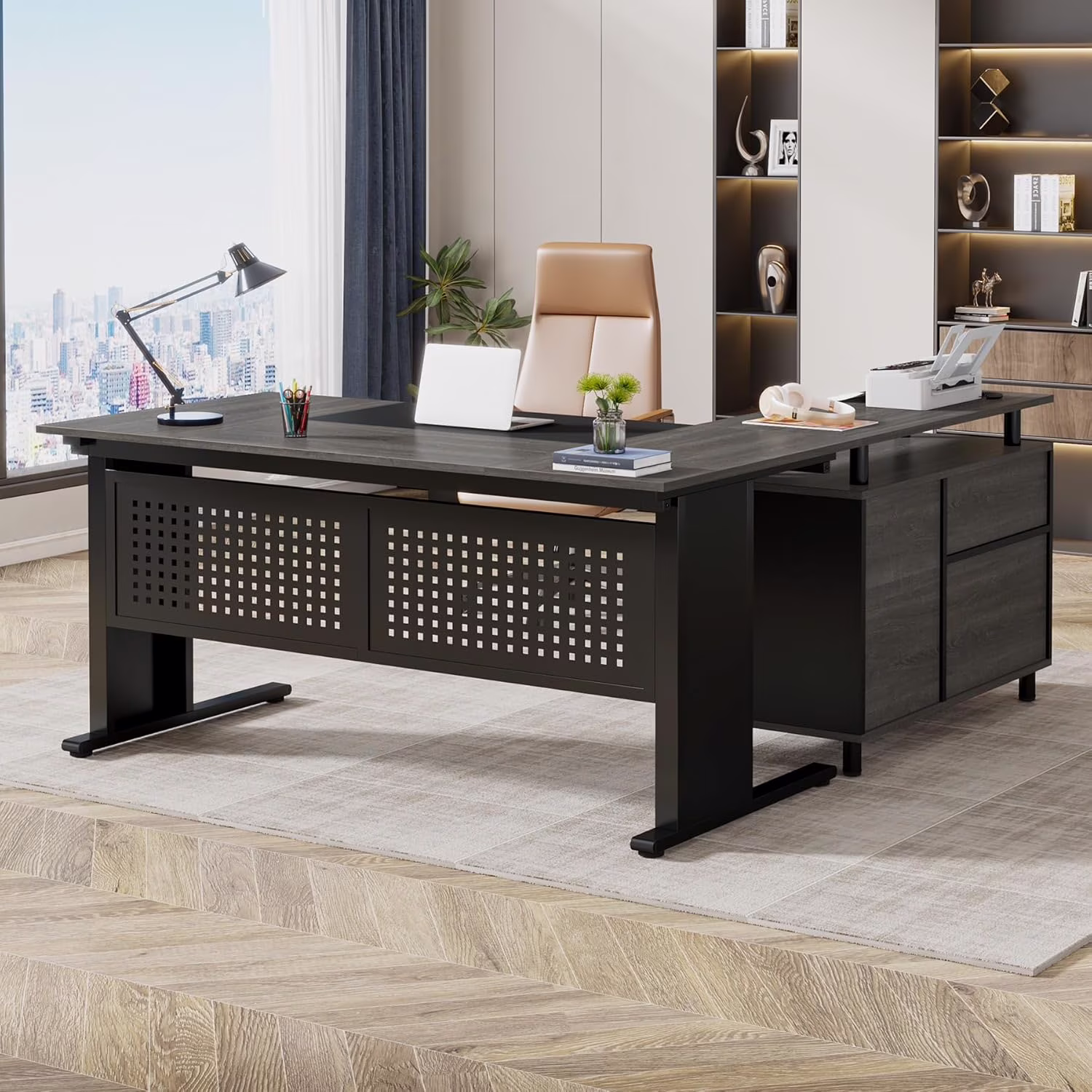 Tribesigns 63 Inch Executive Desk with File Cabinet, Large Office Desk L Shaped Computer Desk with Drawers and Storage Shelves, Business Furniture Desk Workstation for Home Office, Brown and Black