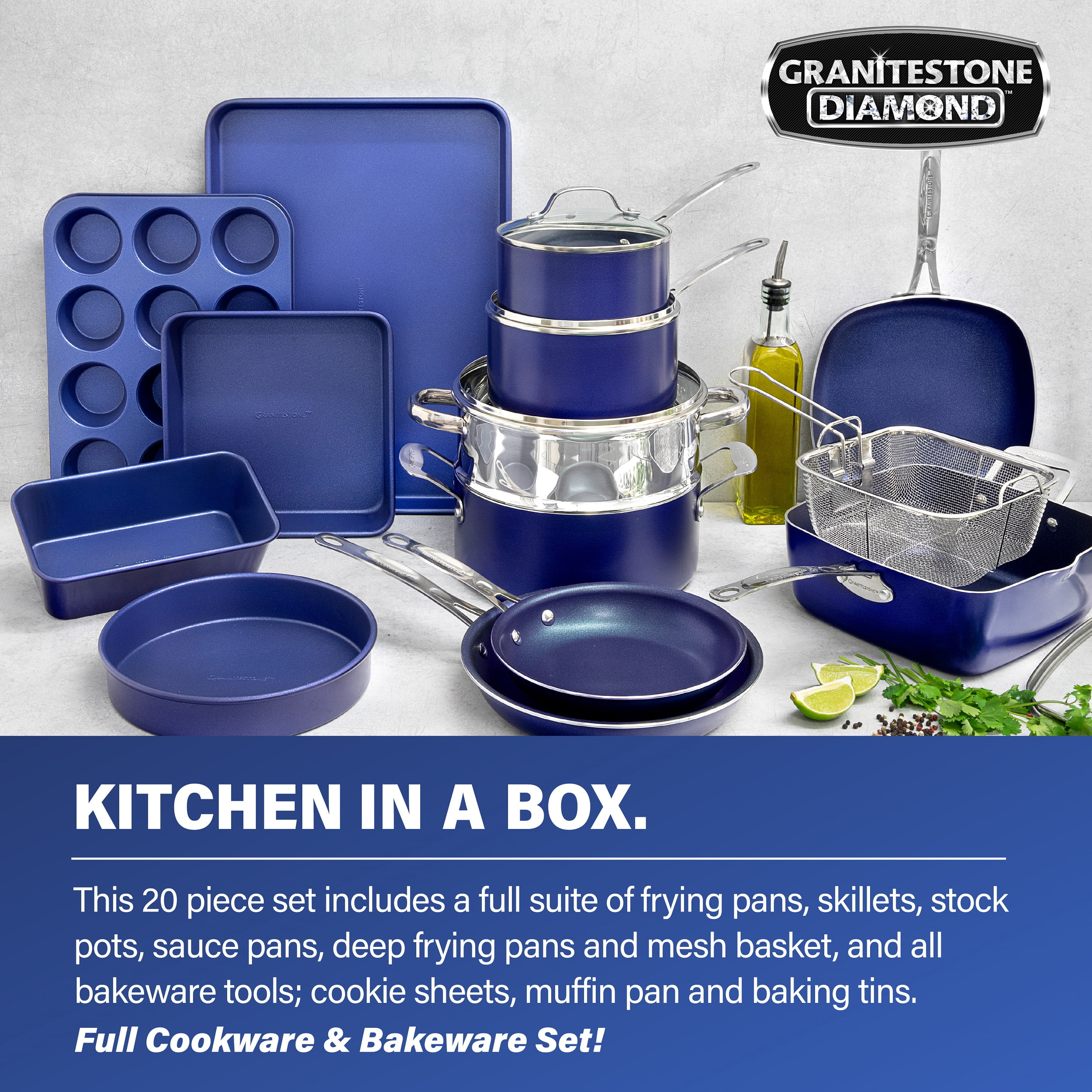 Granitestone True 20 Pc Pots and Pans Set Non Stick Cookware Set with Deep Square Pan and Bakeware Set, Non Toxic , Oven & Dishwasher Safe, No Cheater Pieces
