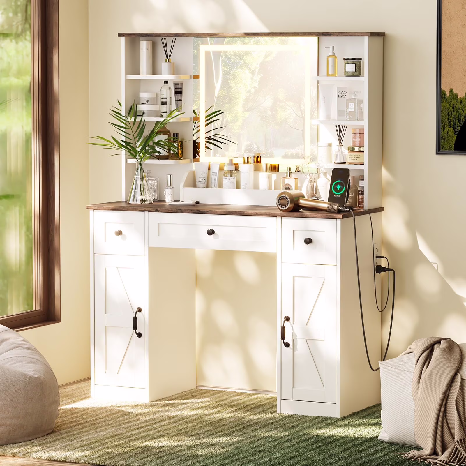 Vanity Desk with Chair, White Makeup Desk Set with Mirror & LED Lights, Vanity Table with Power Strip, 2 Drawers, 4 Shelves