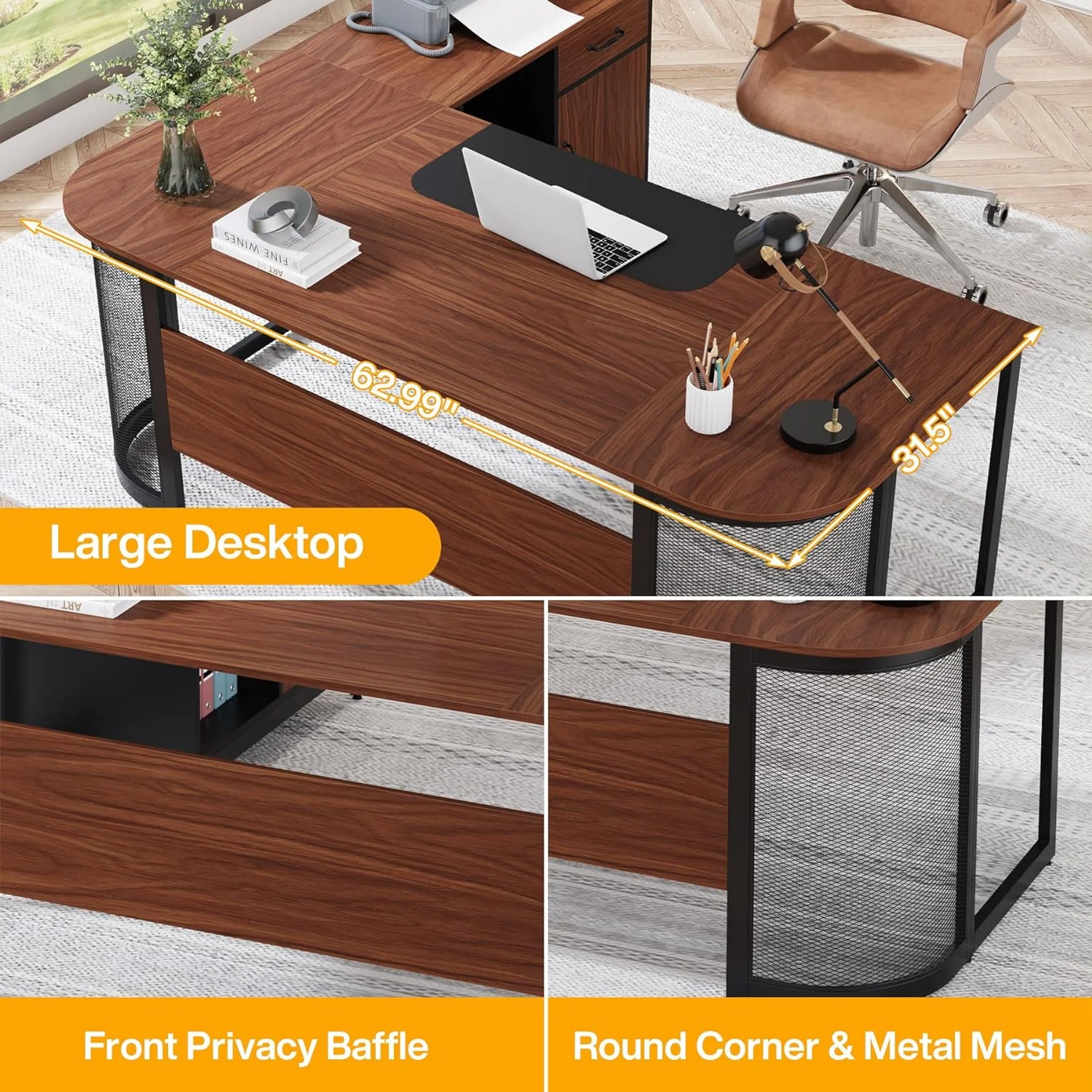 Tribesigns Executive L Shaped Office Desk with Drawer Cabinet, Brown/Black