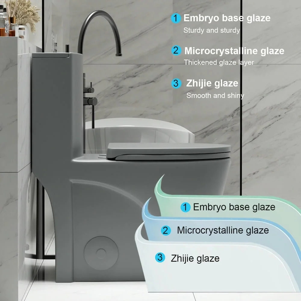 Spaco 1.1/1.6 GPF Dual Flush One-Piece Toilet, Button on Tank top S-trap 12 inches, Elongated Bowl with Soft Close Seat, Water-Saving MAP 1000g, Comfort Chair Seat ADA Height, Light Gray