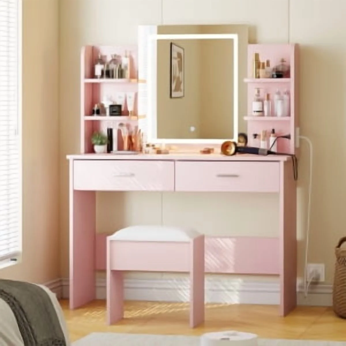 OYang Makeup Vanity Desk with Lighted Mirror and Stool, Vanity Table and Chair Set with 2 Storage Drawer 4 Shelves, Power Outlet, 3 Color Modes Adjustable LED Mirror & Stepless Dimmable for Bedroom