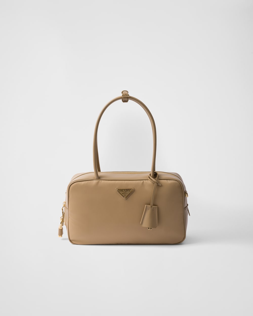 Re-Nylon and Leather Medium Top-Handle Bag With Padlock