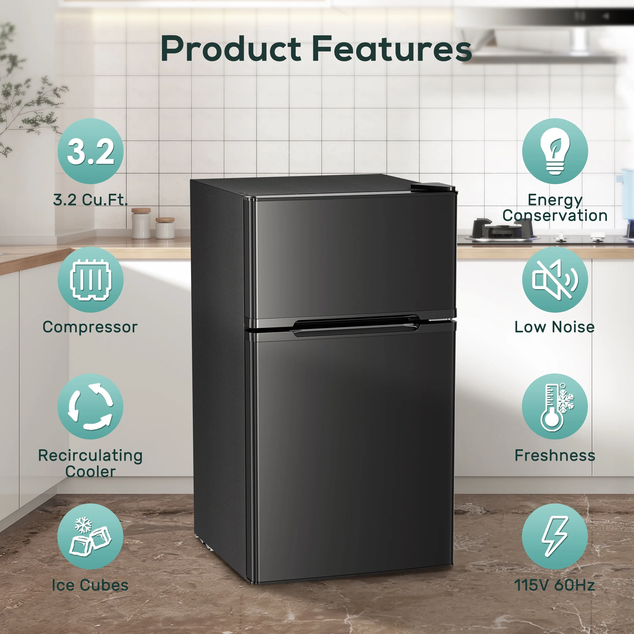 Moifoi 3.2 Cu.Ft Two-Door Compact Refrigerator, Stainless Steel Door, Black