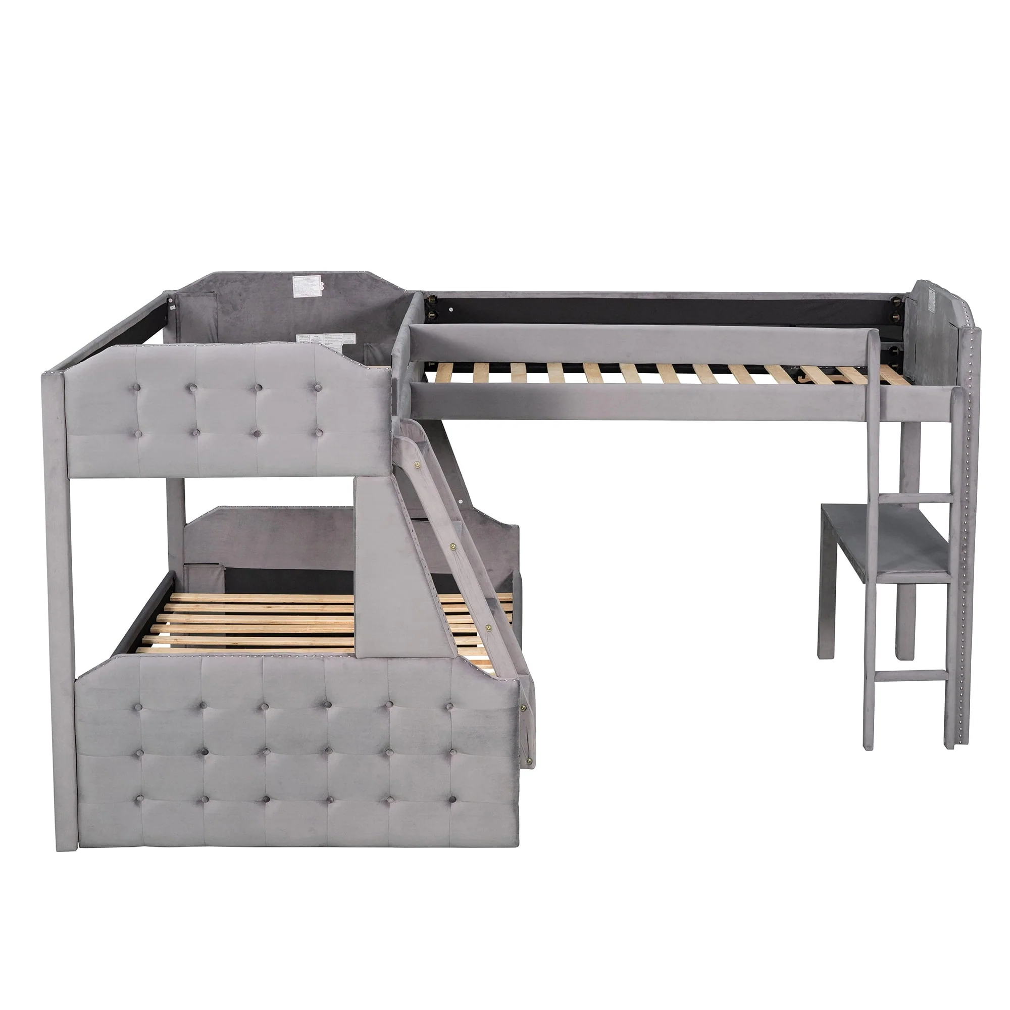 EUROCO Upholstery L-Shaped Twin over Full Bunk Bed and Twin Loft Bed with Desk for Kids Bedroom, Gray