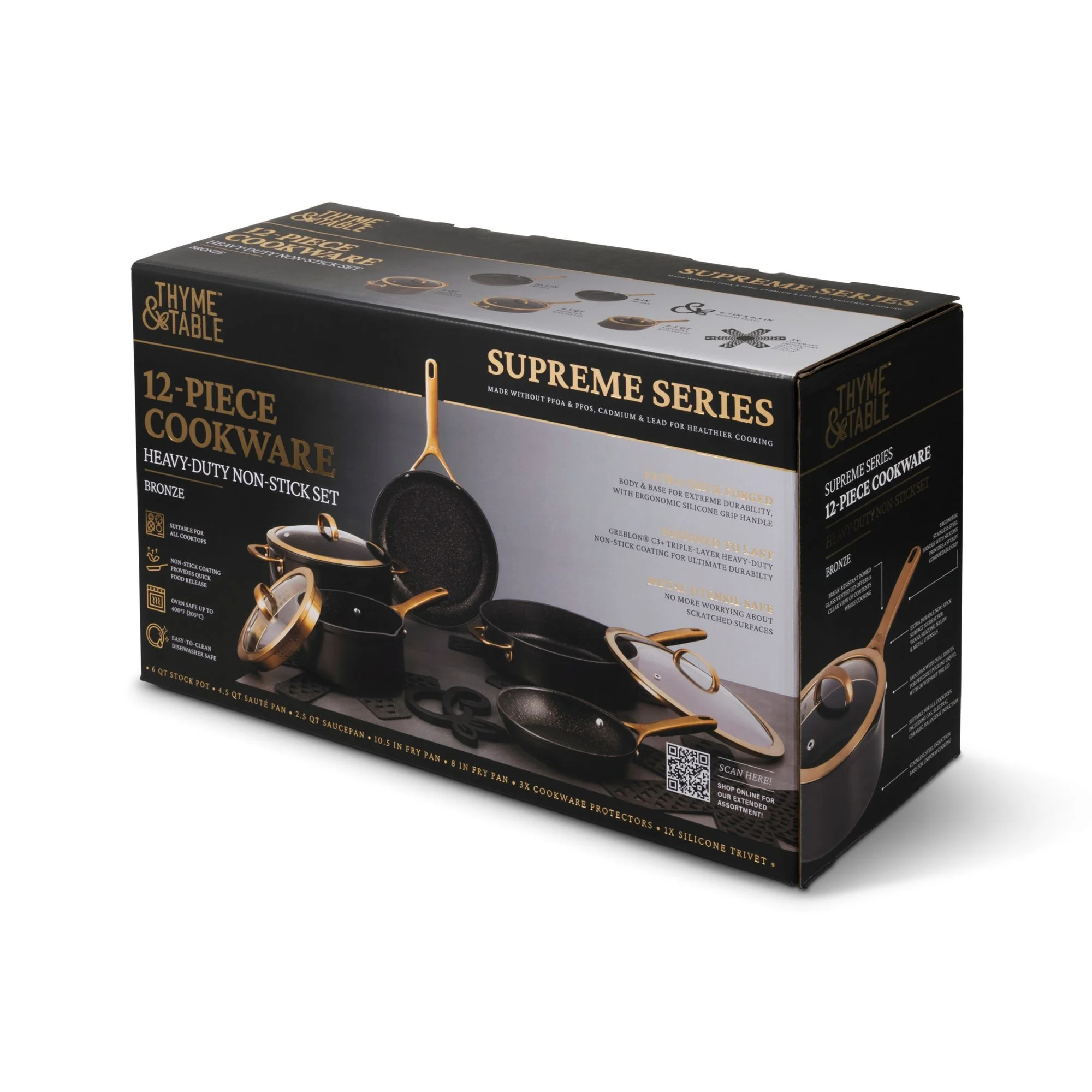 Thyme & Table Supreme 12-Piece Non-Stick Cookware Set, Pots and Pans Set- Bronze