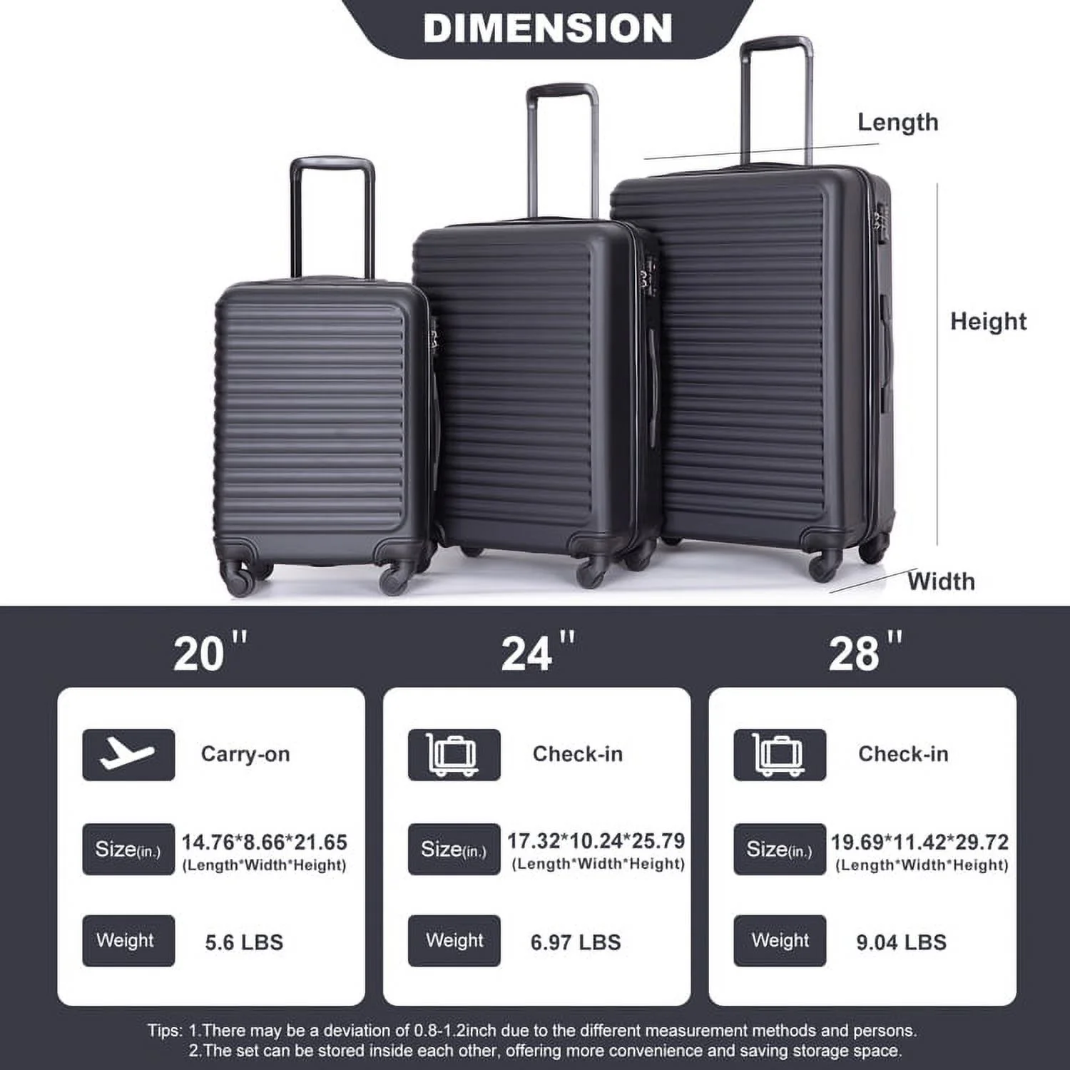 3 Pieces Luggage Sets, Expandable ABS Hardshell Clearance Luggage, Hardside Lightweight Durable Suitcase Sets with Two Hooks, Spinner Wheels and TSA Lock, 20in/24in/28in Travel Suitcase, Turquoise