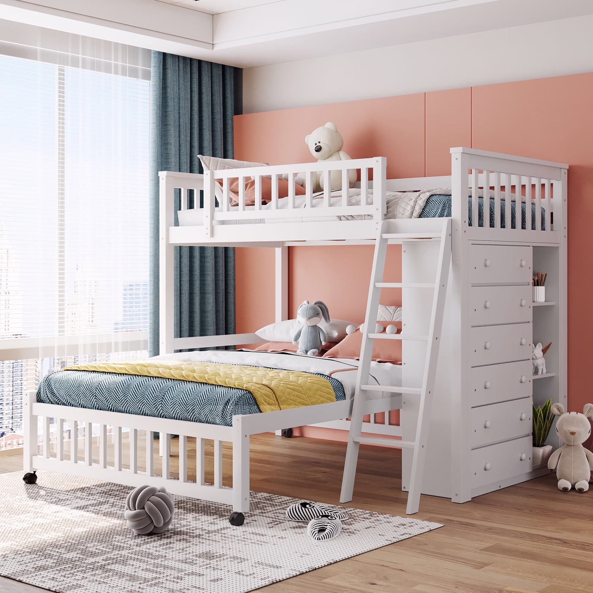 Harper & Bright Designs Full Over Twin Bunk Bed with Desk, Drawers and Shelves, L-Shaped Bunkbeds with Storage Staircase for Adults Bedroom, White