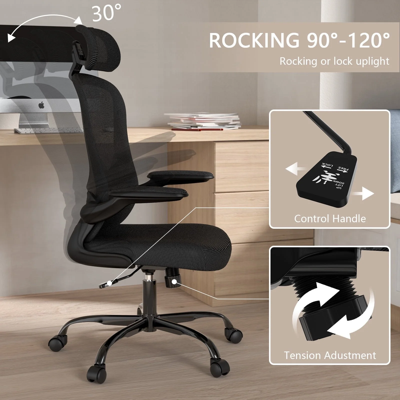Lioncin Office Chair, High Back Ergonomic Desk Chair, Breathable Mesh Desk Chair with Adjustable Lumbar Support and Headrest, Swivel Task Chair with Flip-up Armrests,Black