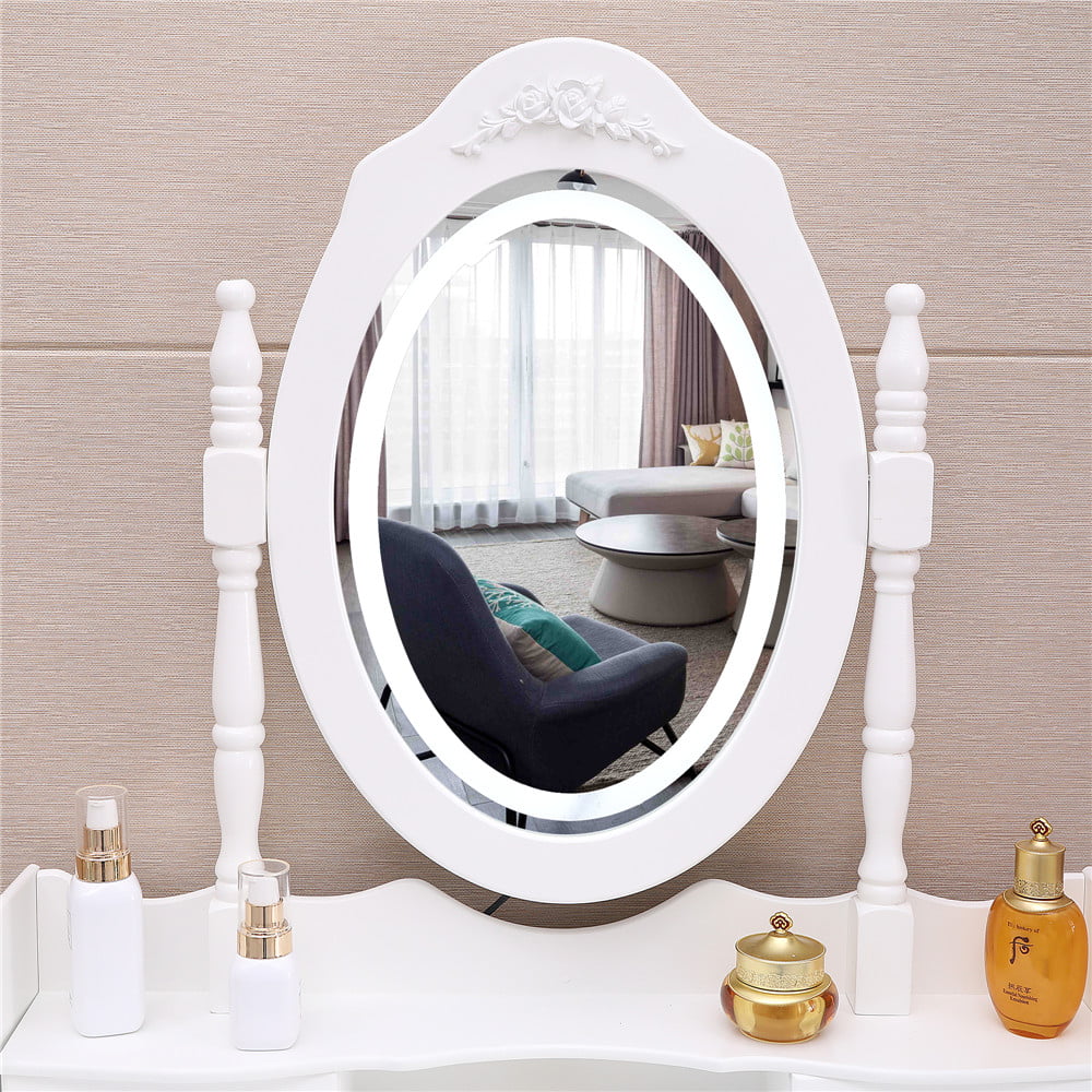Ktaxon Elegance White Dressing Table Vanity Table and Stool Set Wood Makeup Desk with 4 Drawers & Lighted LED Touch Screen Mirror