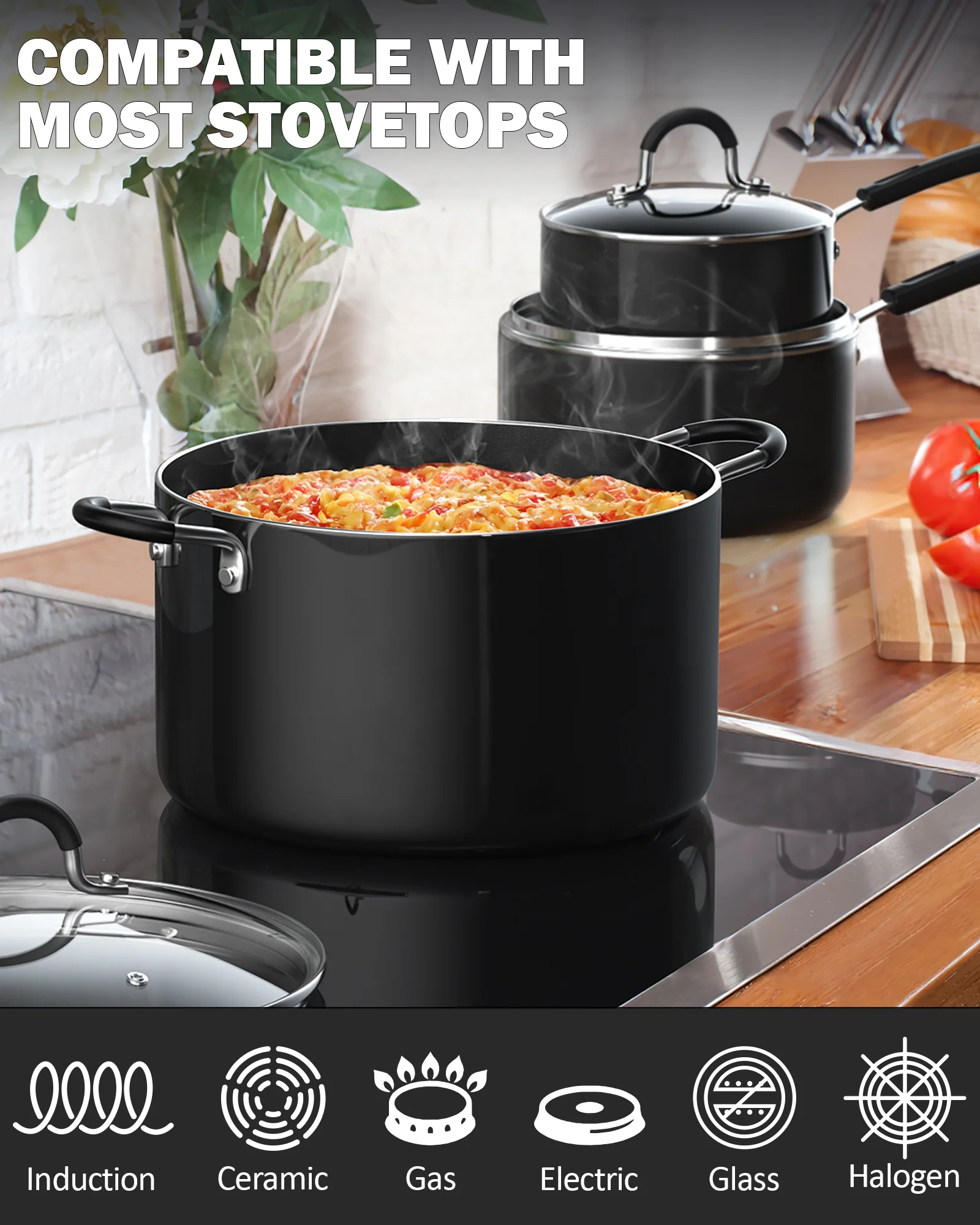 Cook N Home 8-Piece Nonstick Cookware Set, Heavy Gauge Pots and Pans Set, Kitchen Induction Cooking Pots with Silicone Handles, Mable
