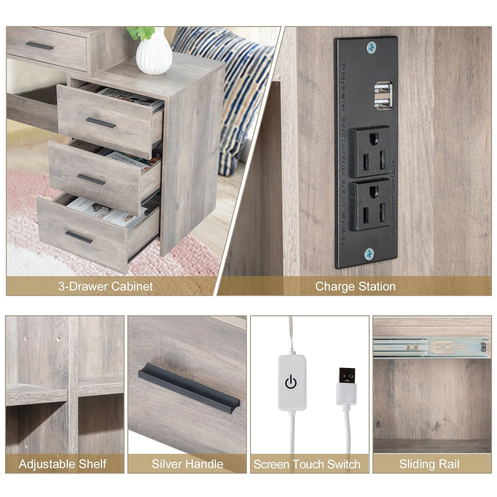 Ktaxon Vanity Set with 3 Color Lighted Mirror & Charging Station, Makeup Table with 3 Storage Shelves & Drawers, Dressing Table Makeup Desk with Stool,Retro Gray