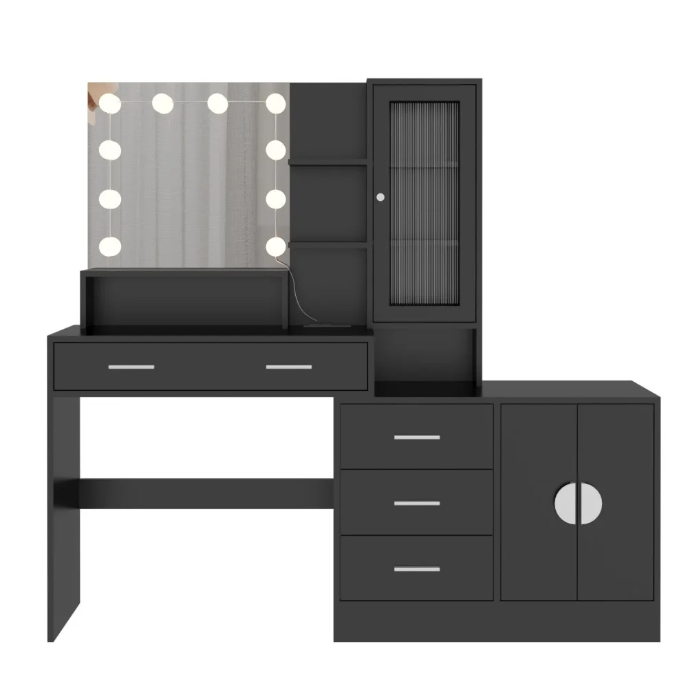 IVV Vanity Desk with Lighted Mirror and Charging Station, Makeup Dressing Table with 5 Drawers and Storage Cabinet, 10 LED Bulbs, 3-Color Lighting Modes, Brightness Adjustable, Black