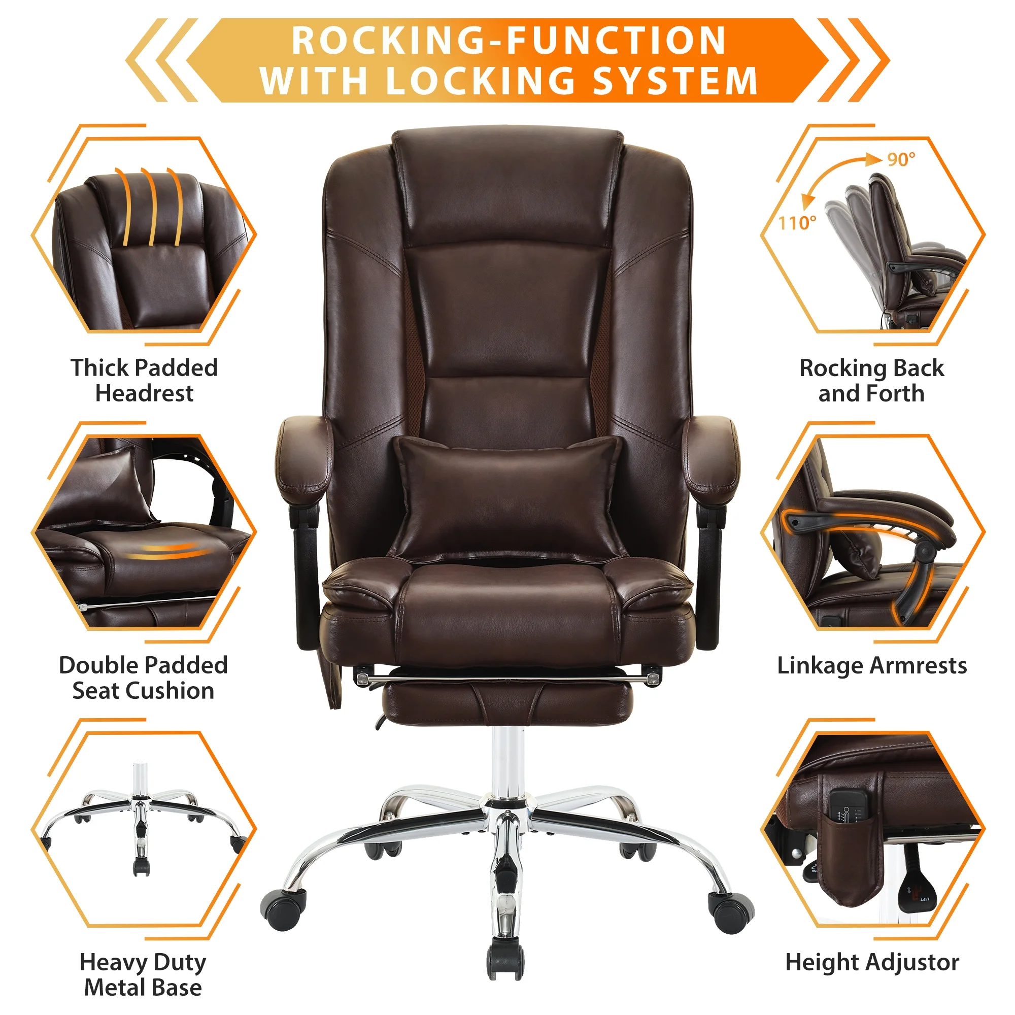 JONPONY Big and Tall Office Chair 500LBS Executive Office Chair Massage and Footrest Ergonomic Computer Desk Chair Reclining High Back Leather Office Chair Lumbar Back Support Swivel Rolling,Black