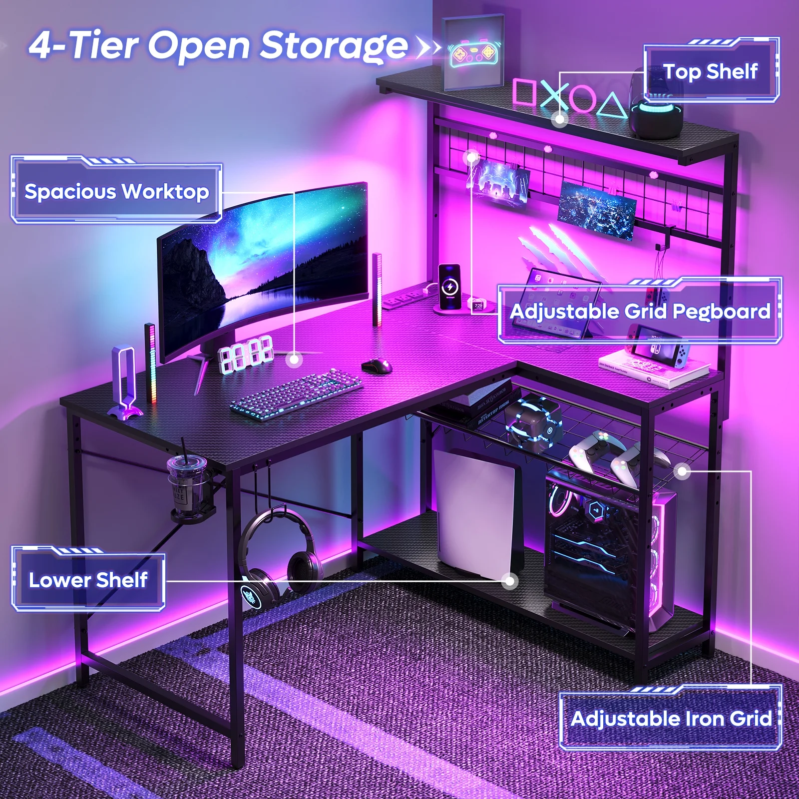 Bestier 51 L Shaped Gaming Desk with Power Outlets & LED Light, Computer Desk with 4 Tiers Shelves for Home Office, Reversible Gamer Table with Hooks and Cup Holder, Carbon Fiber