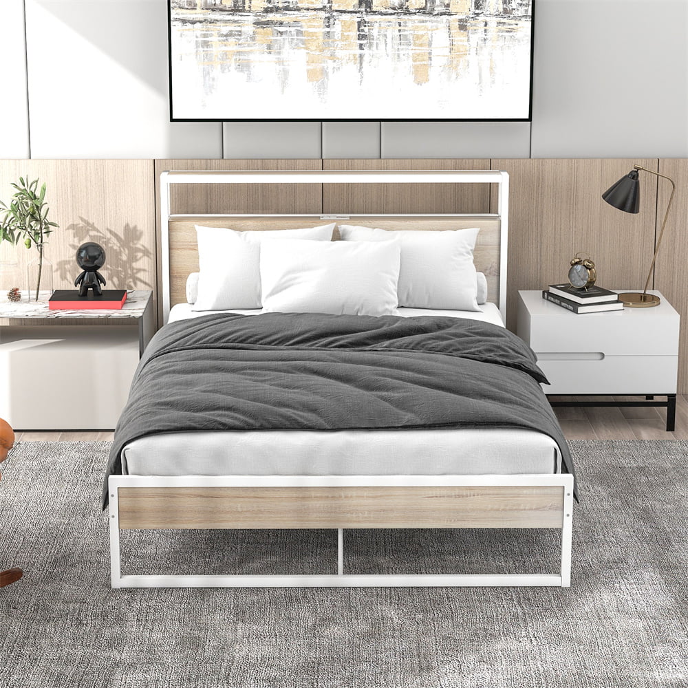 Metal Platform Bed with Sockets & USB Ports, Full Size Platform Bed Frame with 2 Shelves & Headboard & Footboard, Low Platform Bed Mattress Foundation with Under Bed Storage No Box Spring Needed White