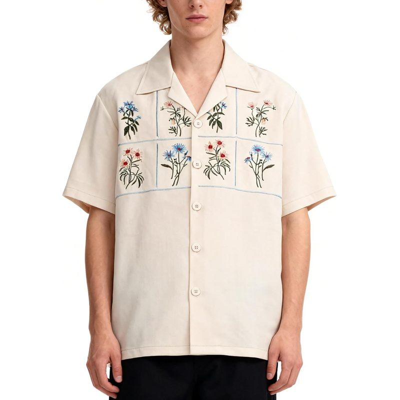 Men's Floral Embroidered Short Sleeve Button Down Shirt