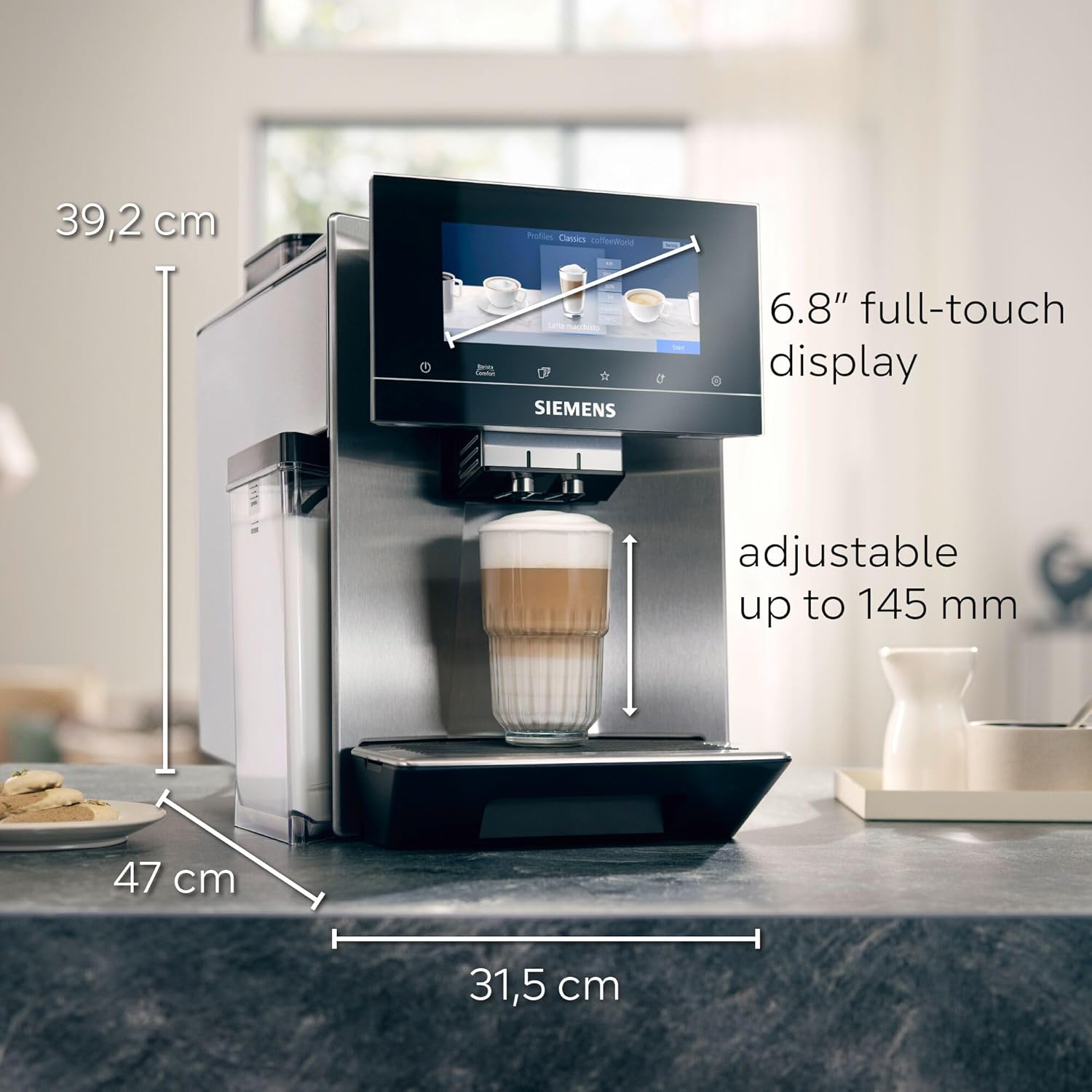 SIEMENS TQ907GB3 EQ900 Fully automatic bean to cup coffee machine, with dualBean System, baristaMode, eGrinder, beanIdent System, 6.8” iSelect Display, Home Connect App - Stainless Steel