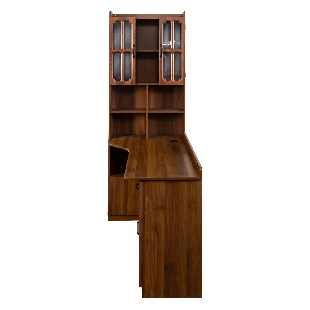 Tcbosik L-Shaped Desk with Storage, Corner Computer Desk with Hutch and Open Shelves, Study Writing Table with Drawer and Cabinets for Home Office, Space Saving, Walnut